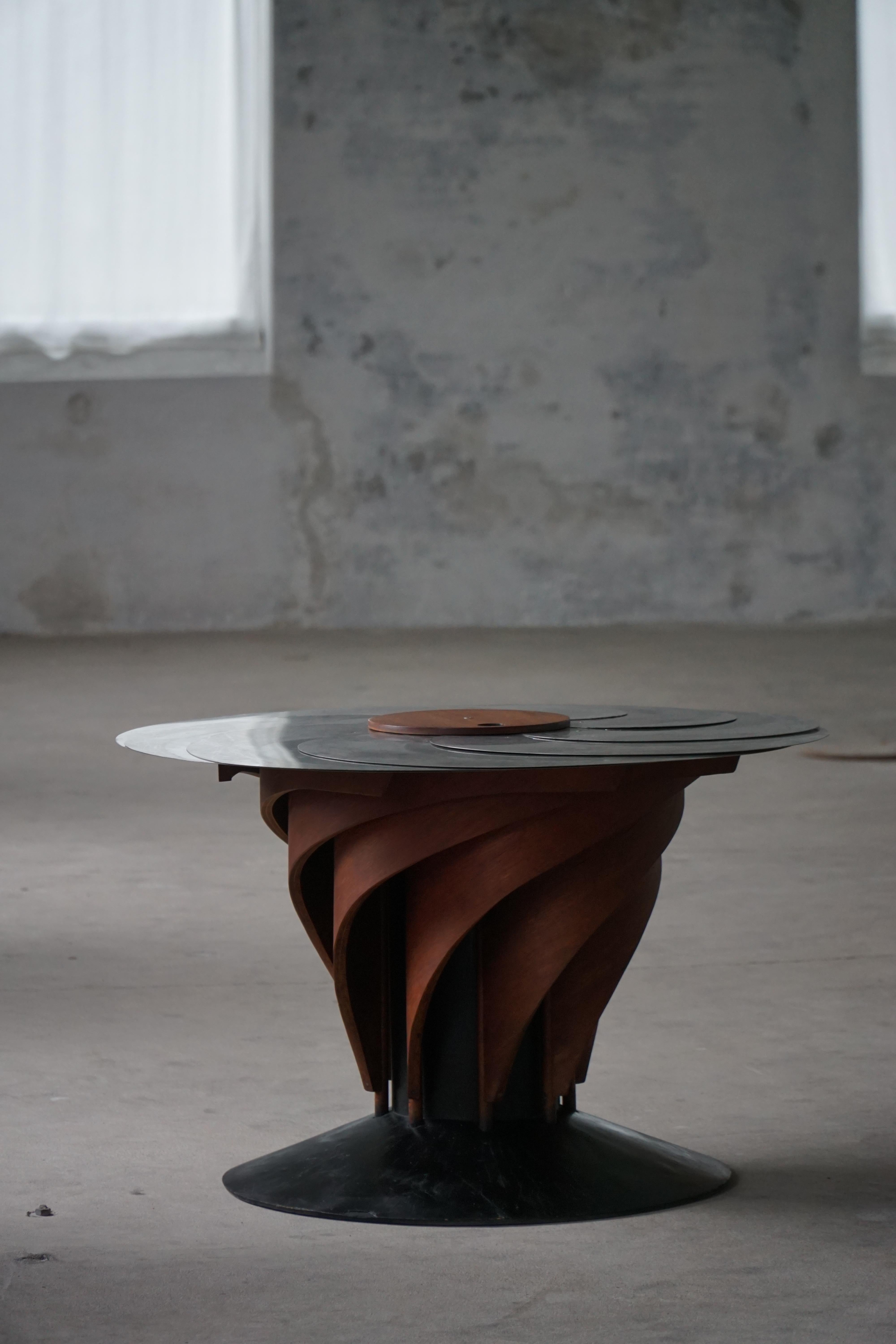 Stainless Steel Adjustable Danish Brutalist Dining Table by Nils-Ole Zib, Mahogany & Steel, 1990 For Sale