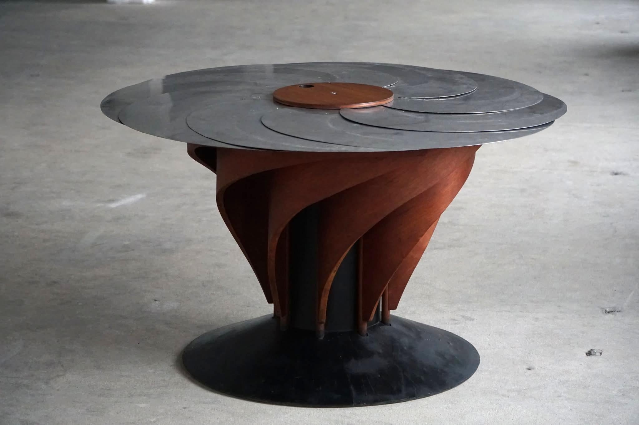 Adjustable Danish Brutalist Dining Table by Nils-Ole Zib, Mahogany & Steel, 1990 For Sale