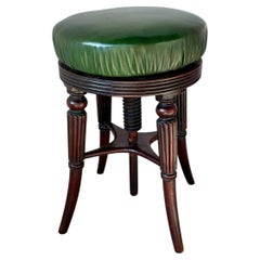 Adjustable English Mahogany Music Stool, Green Leather Seat, C. 1860