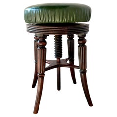 Adjustable English Mahogany Music Stool, Green Leather Seat, C. 1860