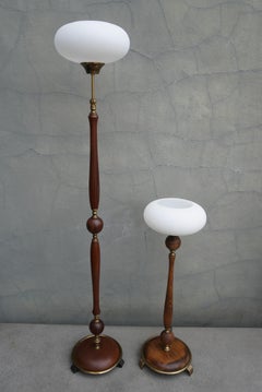 Adjustable Floor Lamp and Table Lamp Set in Wood and Brass with Glass Shades