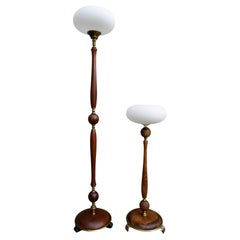 Verstellbare Stehlampe und Tischlampe aus Holz und Messing mit Glasschirmen