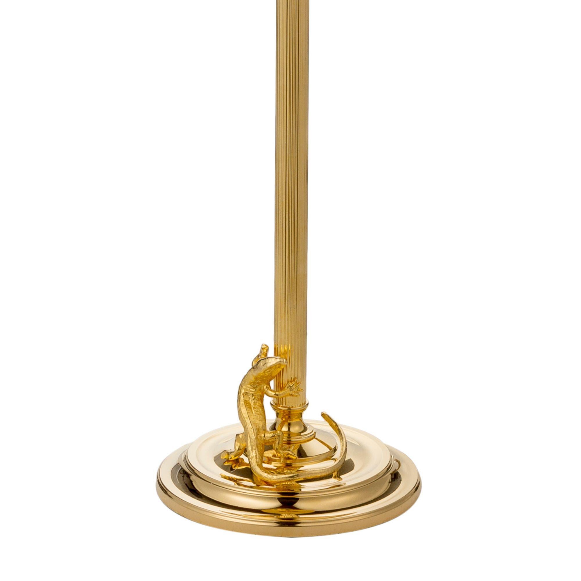 Italian Adjustable Floor Lamp with Naural Brass Structure and Jointed Arms, Fabric Lam For Sale