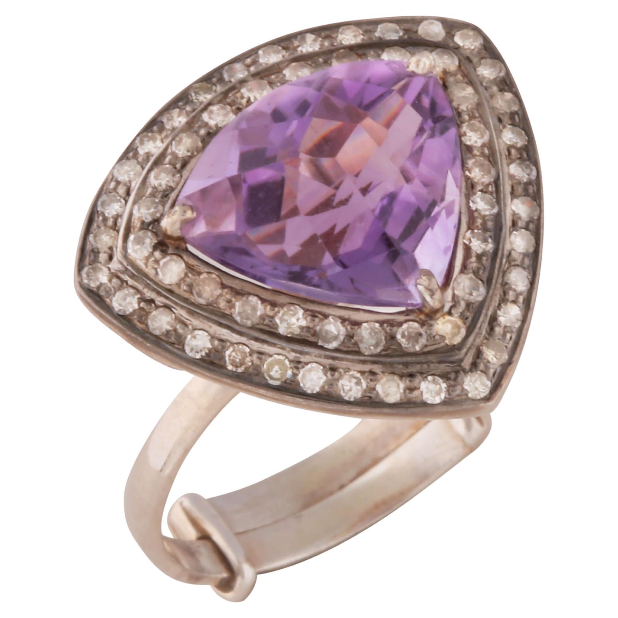 Adjustable Geometric Purple Amethyst & Diamond Ring For Sale