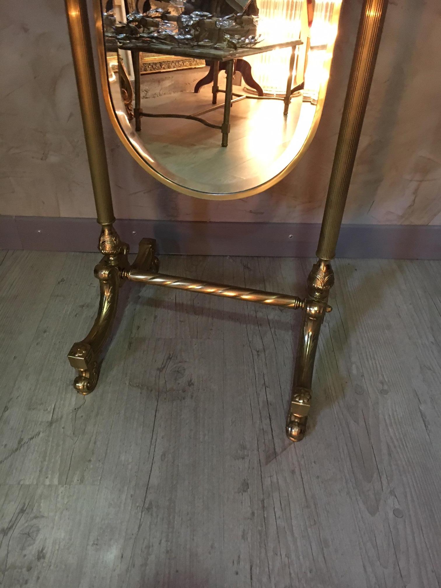 French Adjustable Gilted Brass Psyche Mirror from the 1950s