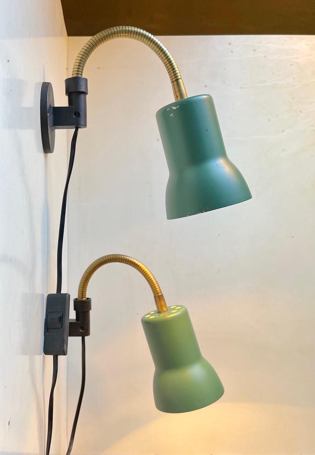 Late 20th Century Adjustable Green Scandinavian Wall Lamps in Brass, 1970s