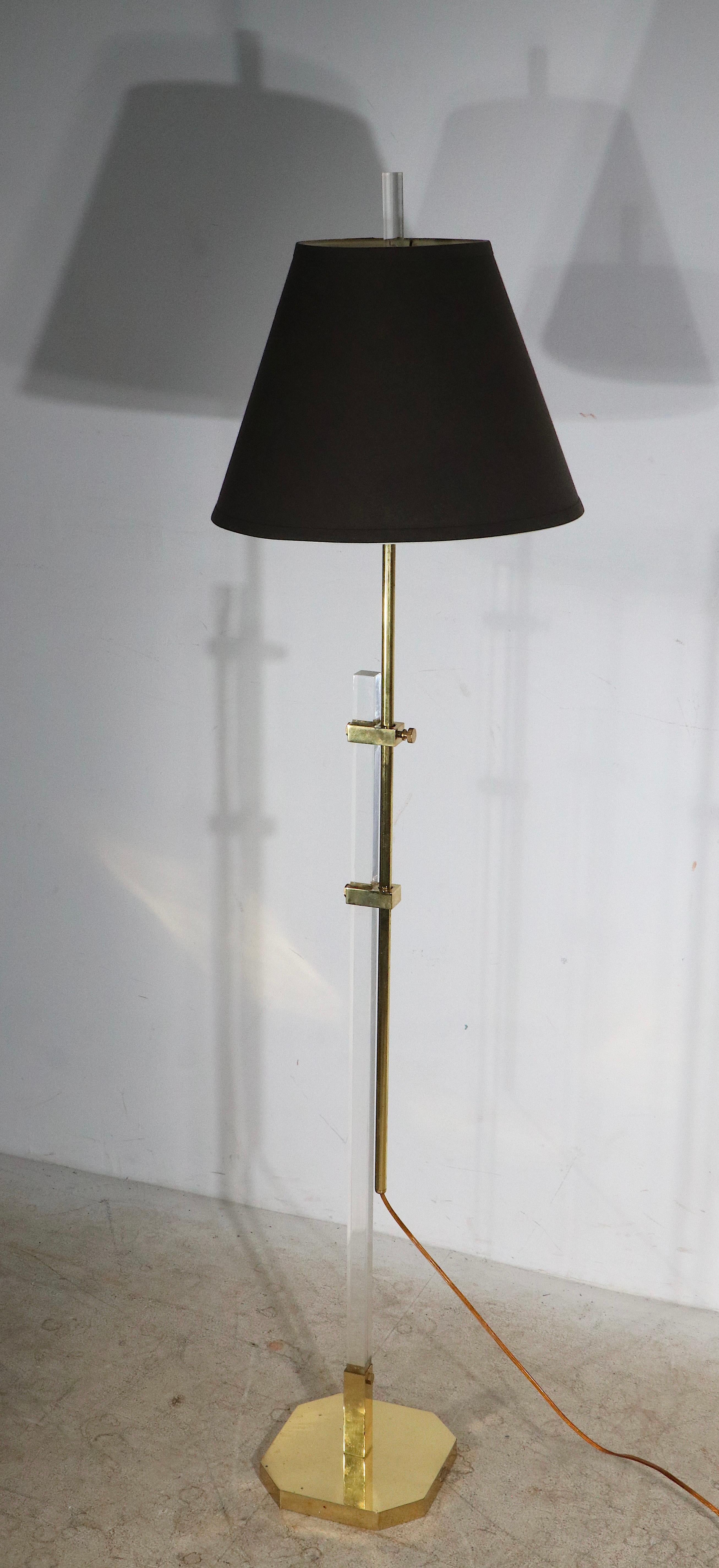  Adjustable Hollywood Regency Style Brass and Lucite Floor Lamp c. 1970/1980's For Sale 2