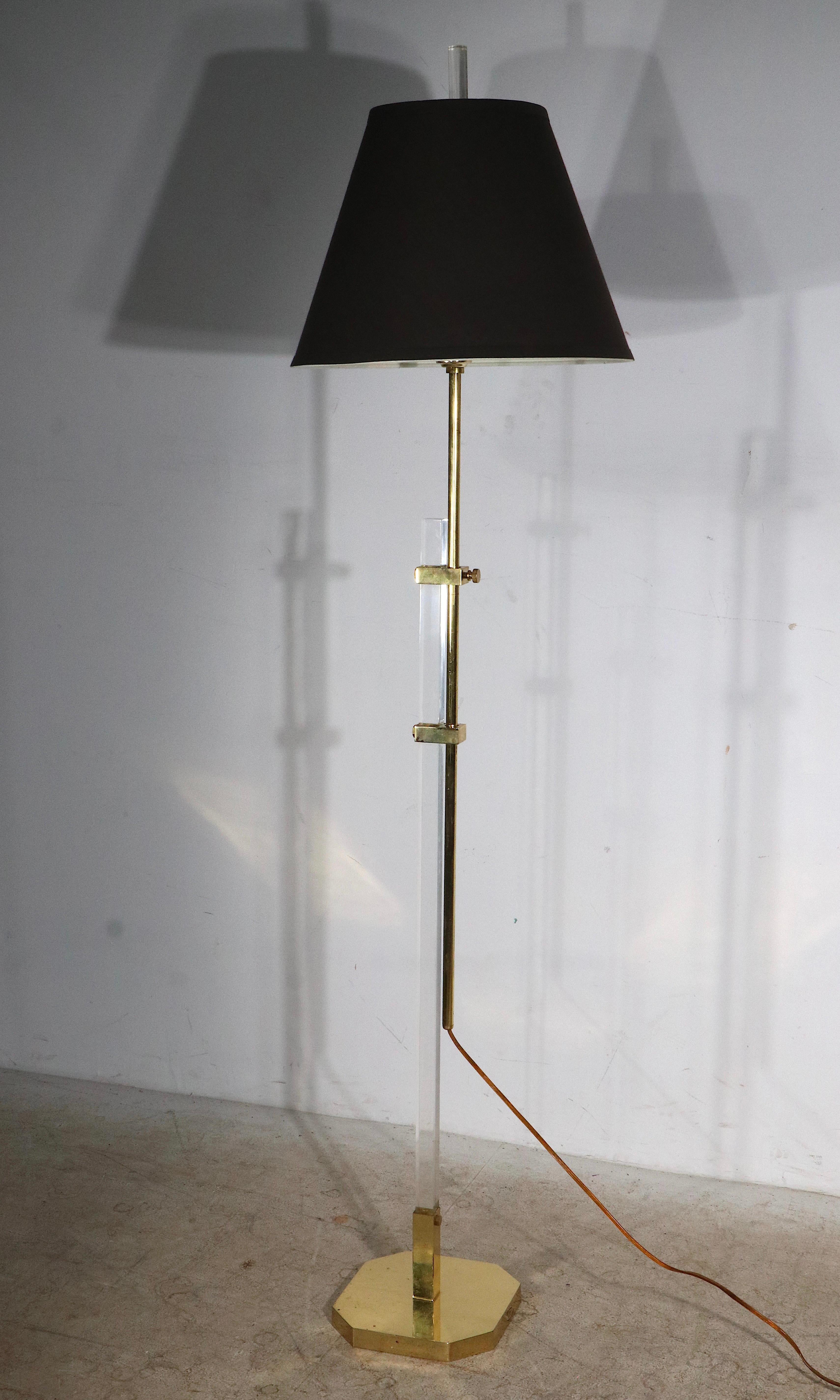  Adjustable Hollywood Regency Style Brass and Lucite Floor Lamp c. 1970/1980's For Sale 3