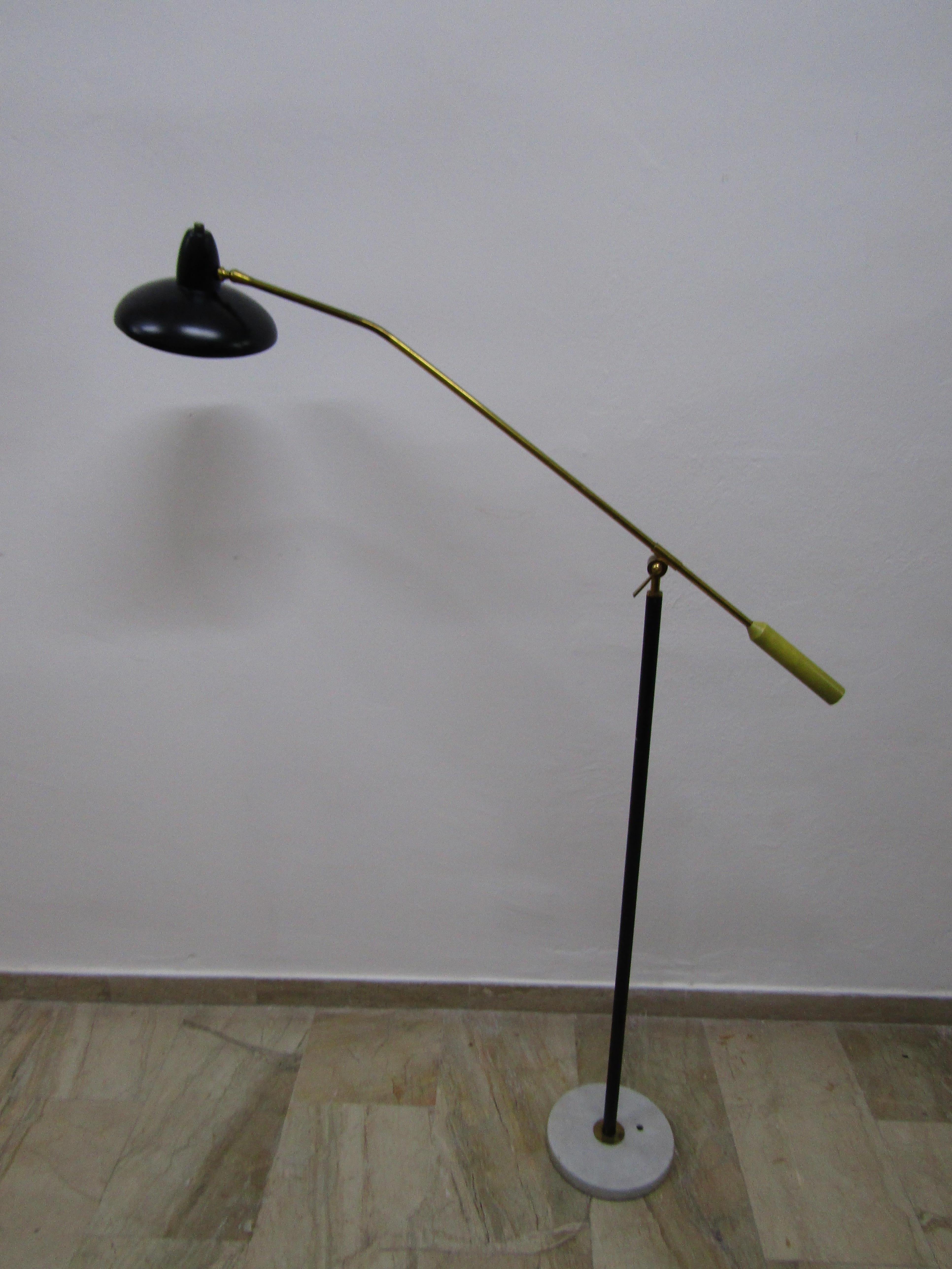 Hand-Crafted midcentury Adjustable in Style Stilnovo Painted Enamel and Brass  Floor Lamp