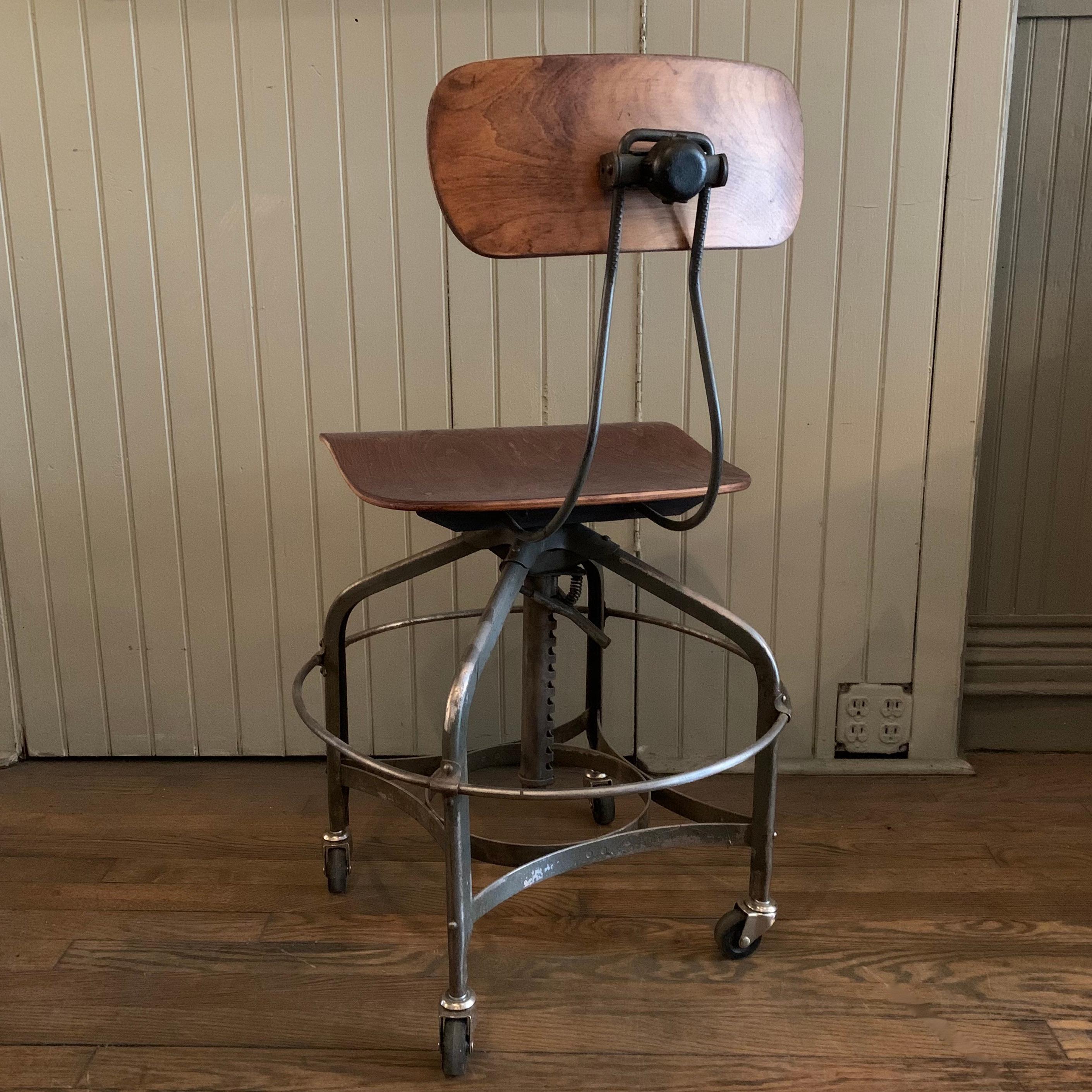 Adjustable Industrial Brushed Steel Toledo Factory Stool In Good Condition In Brooklyn, NY