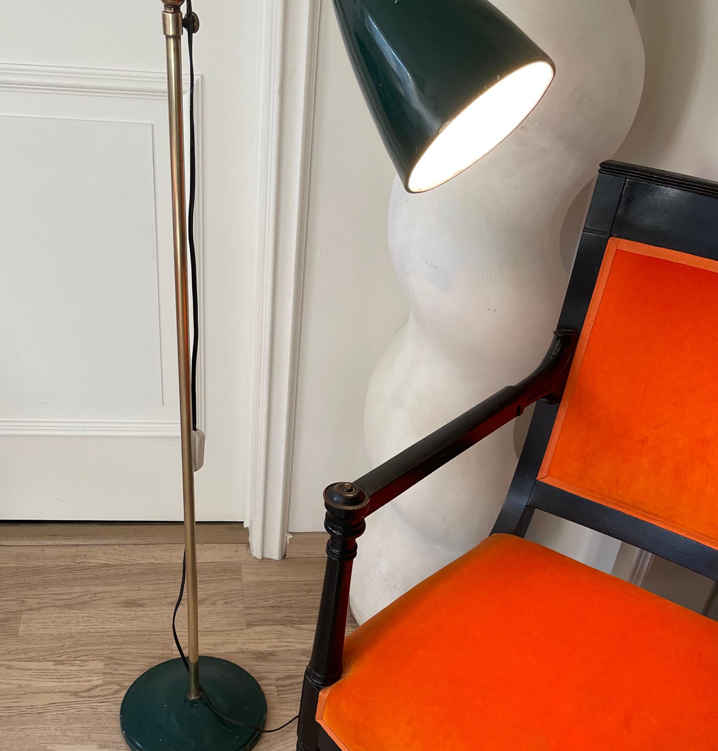 French Adjustable Industrial Floor Lamp With A Green Reflector, France 1950. For Sale