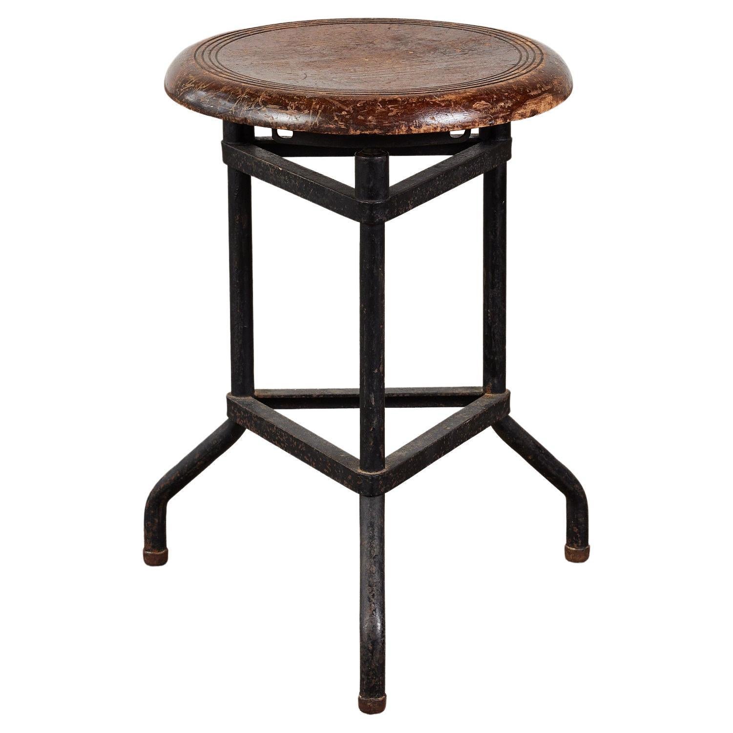 Adjustable Industrial Stool by Campbell Corporation, Wood Seat, 1990s For Sale