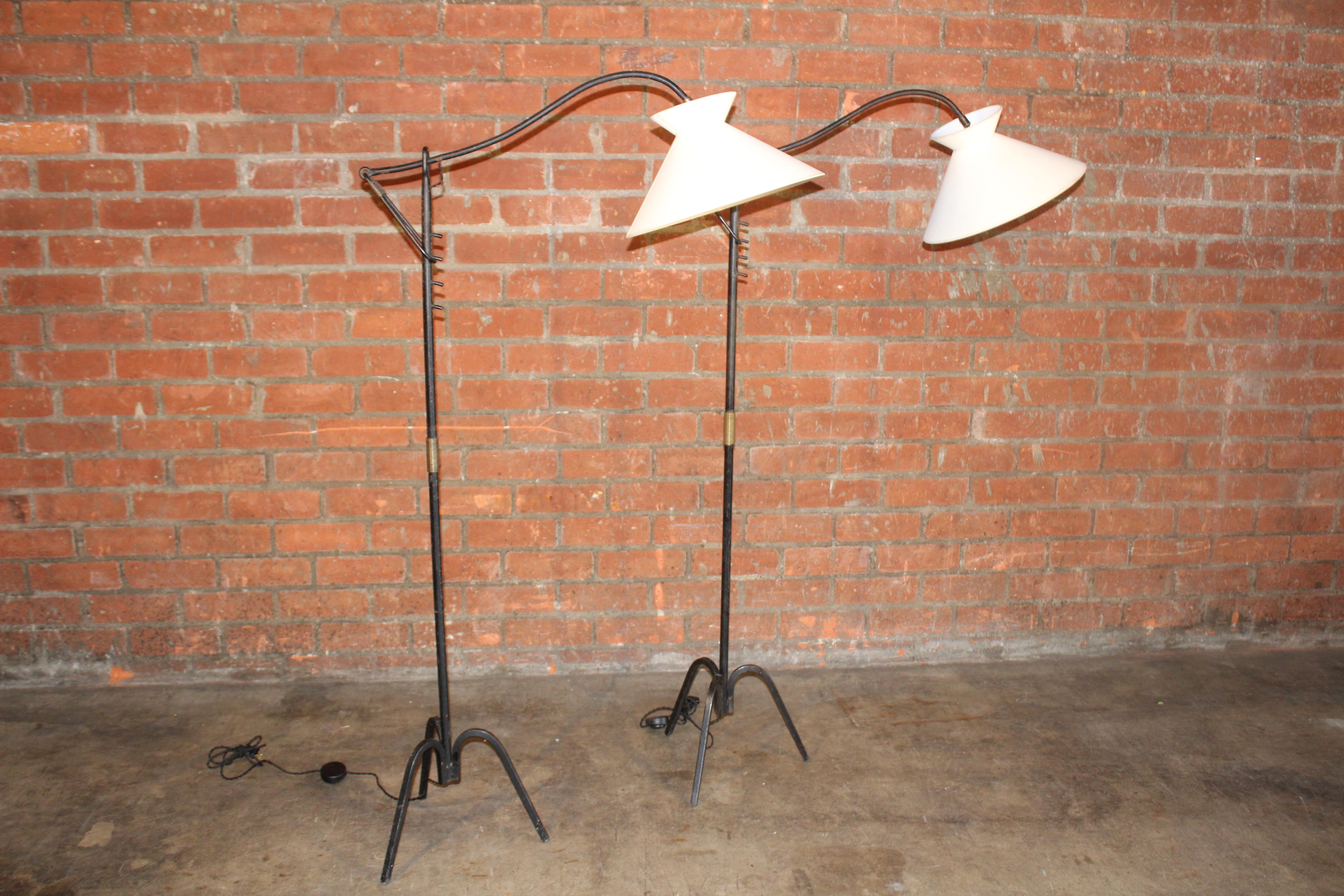 Adjustable Iron Floor Lamp Attributed to Jacques Adnet, France, 1950s. One Avail In Good Condition For Sale In Los Angeles, CA