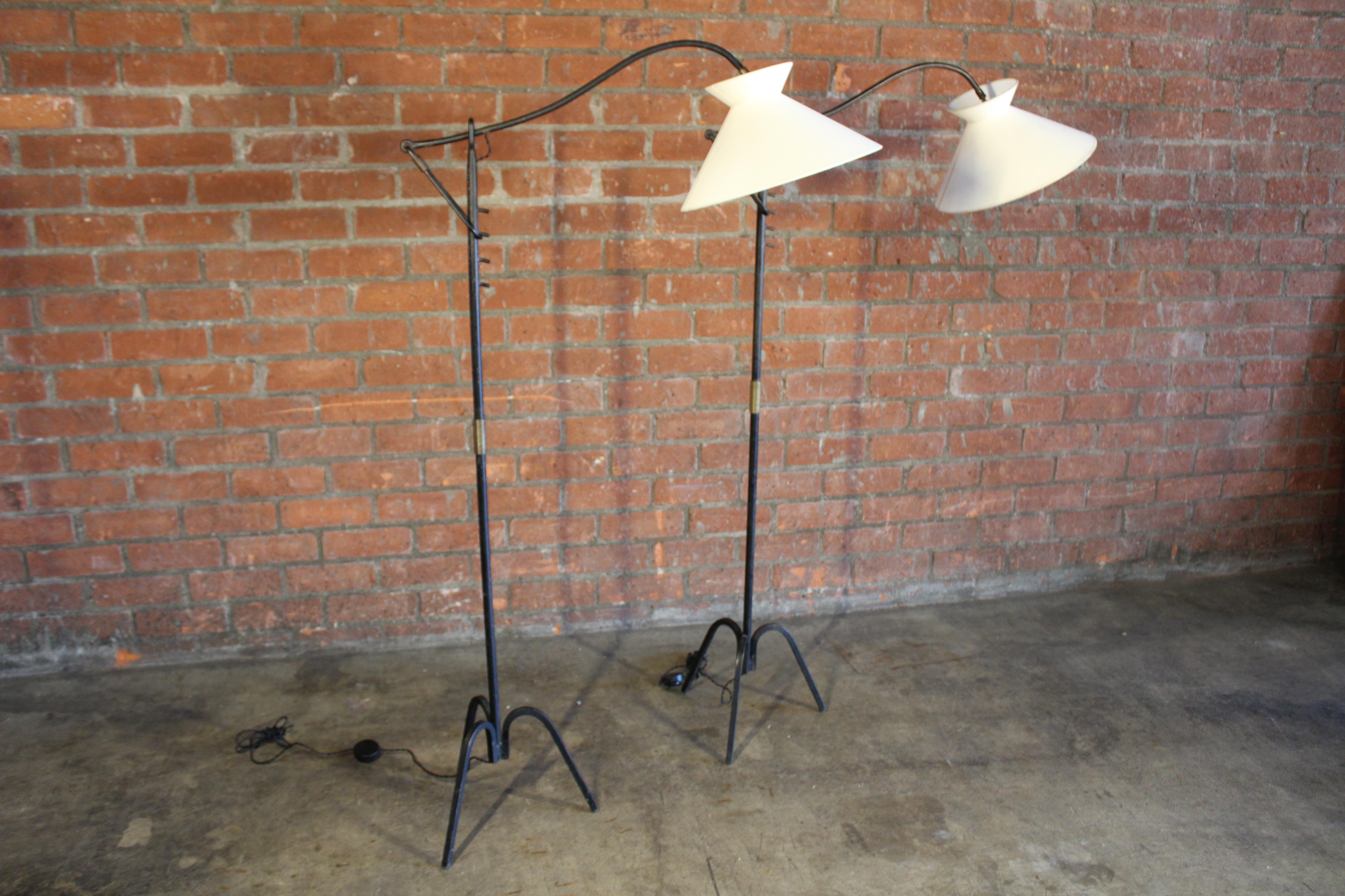 Brass Adjustable Iron Floor Lamp Attributed to Jacques Adnet, France, 1950s. One Avail For Sale