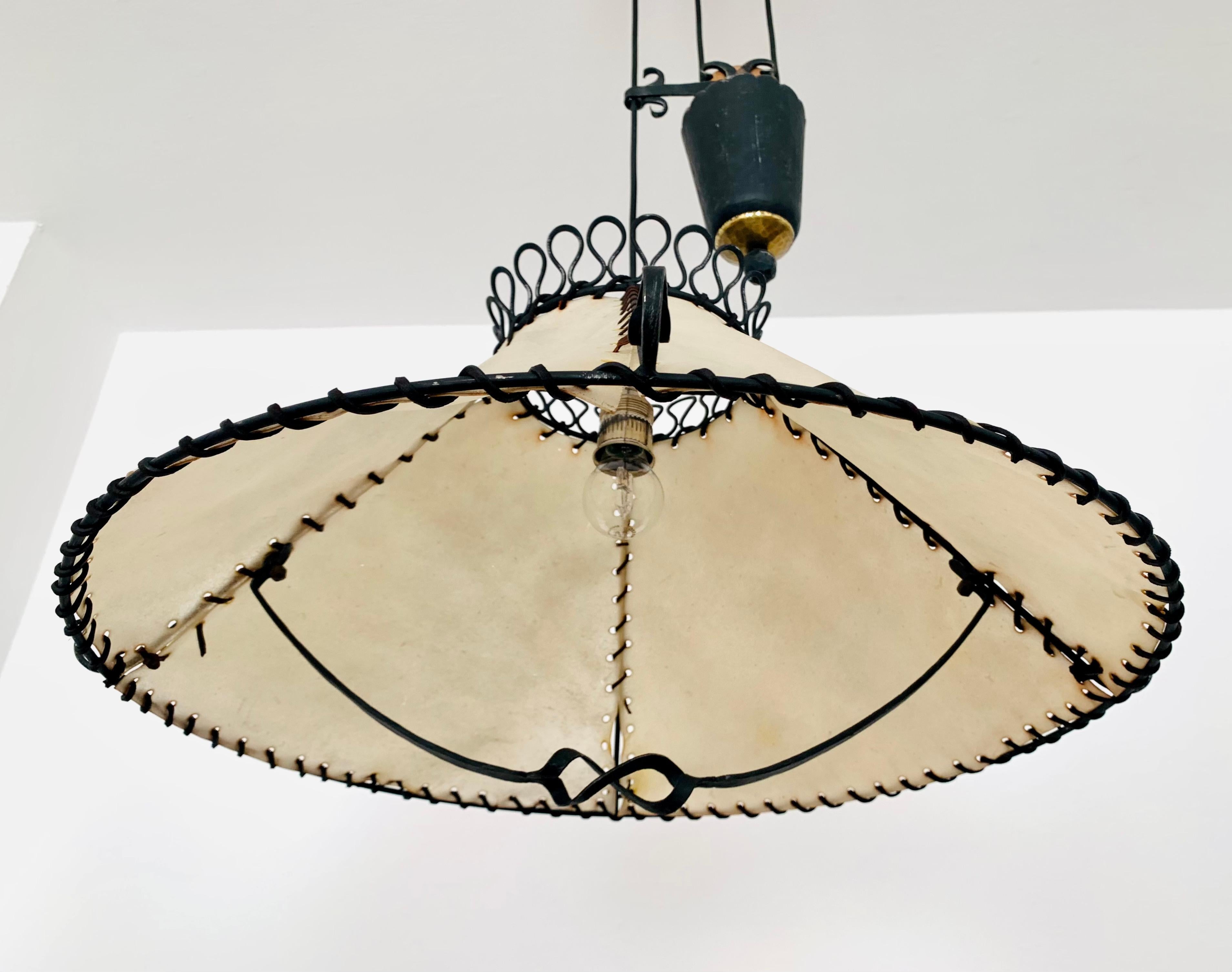 Leather Adjustable Iron Pendant Lamp with Counterweight For Sale