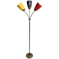 Lampadaire italien réglable à trois abat-jours colorés, années 1950