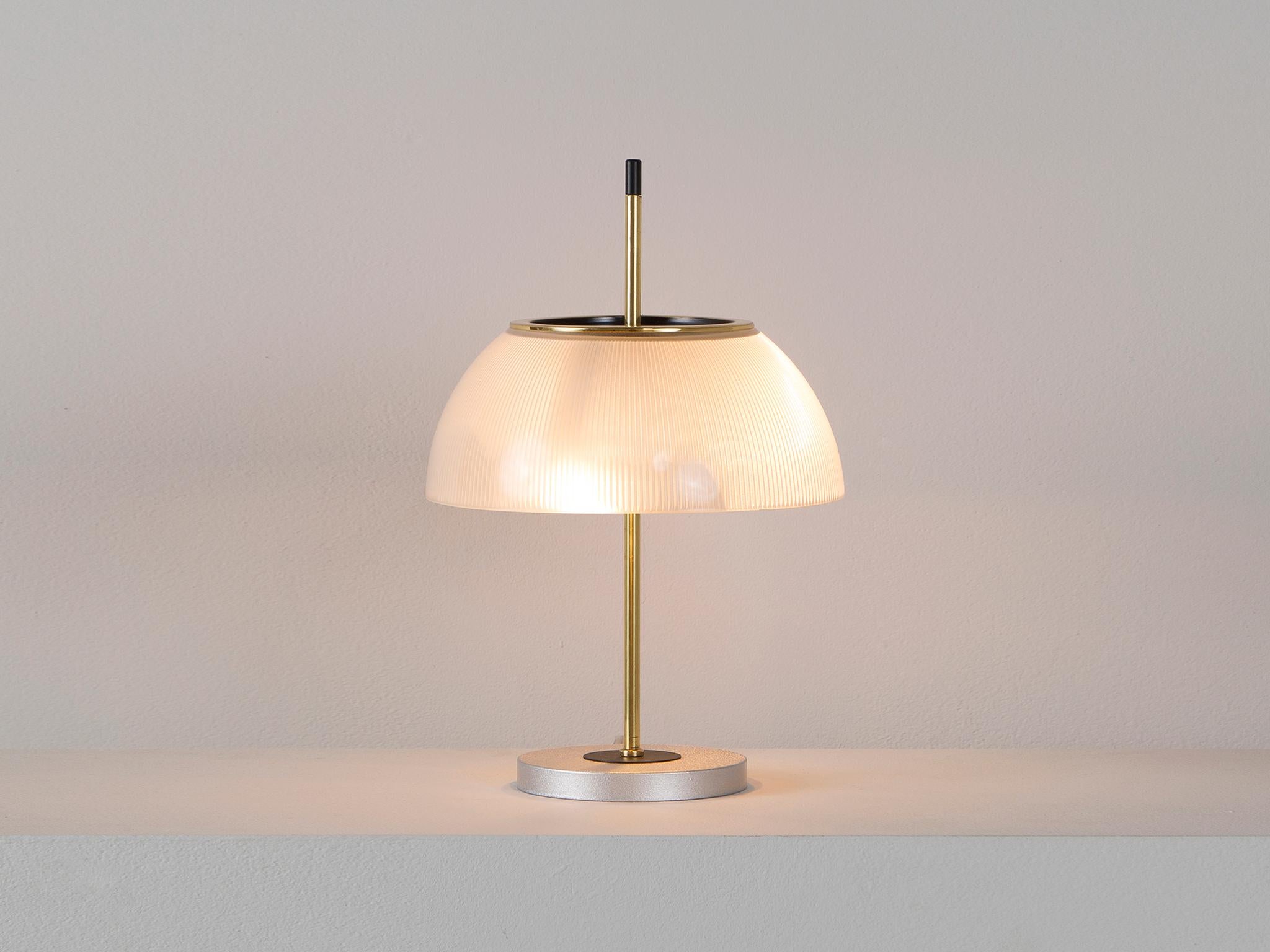 Adjustable Italian table lamp with glass sphere, finished whit elegant brass details.