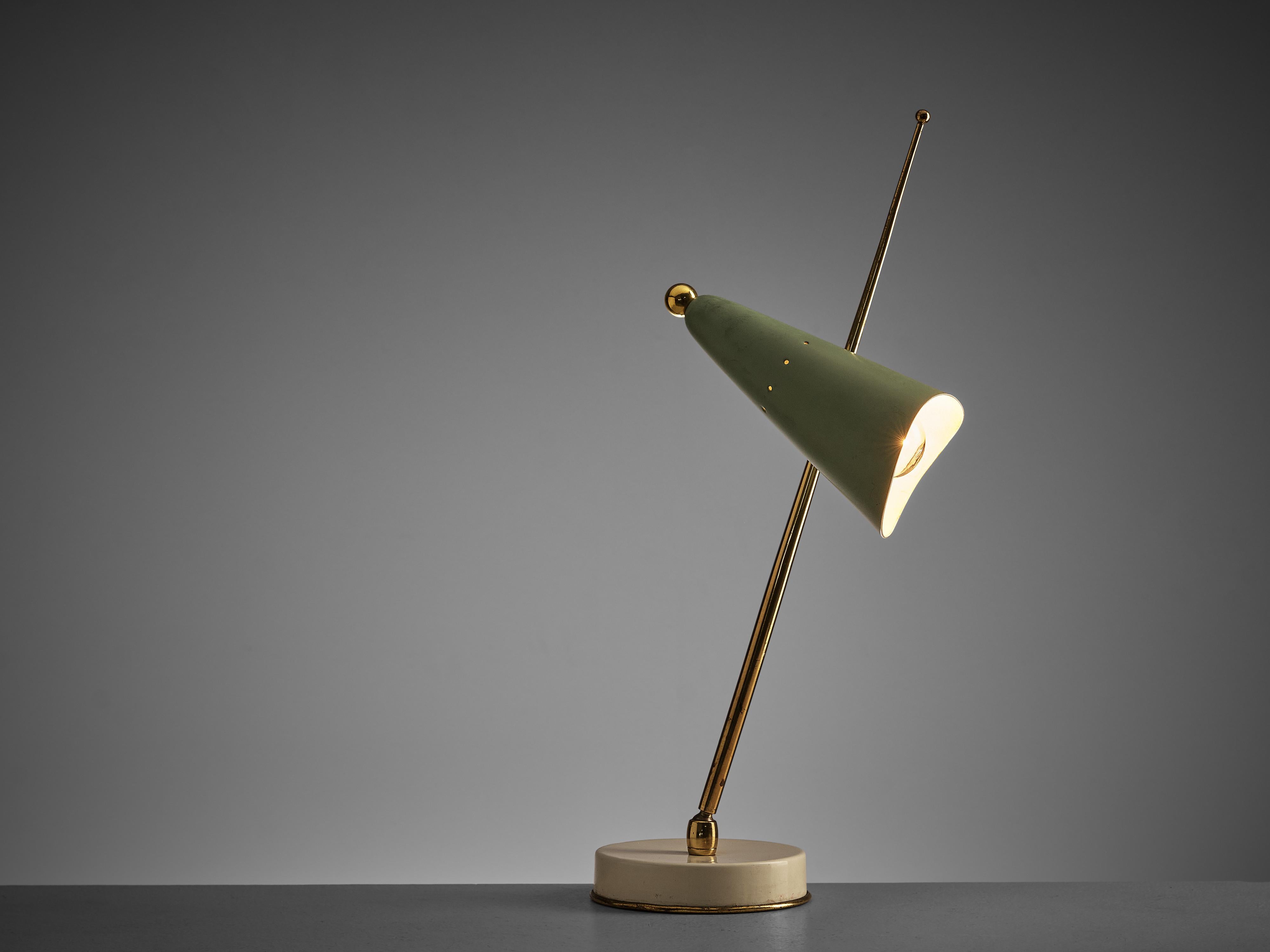 Adjustable table or desk lamp, brass, metal, aluminum, Italy, 1950s.

This lovely desk lamp shows the elegance of 1950s Italian design. On a white metal base with a brass bottom rests the adjustable stem. It ends on top with a sphere. The shade is