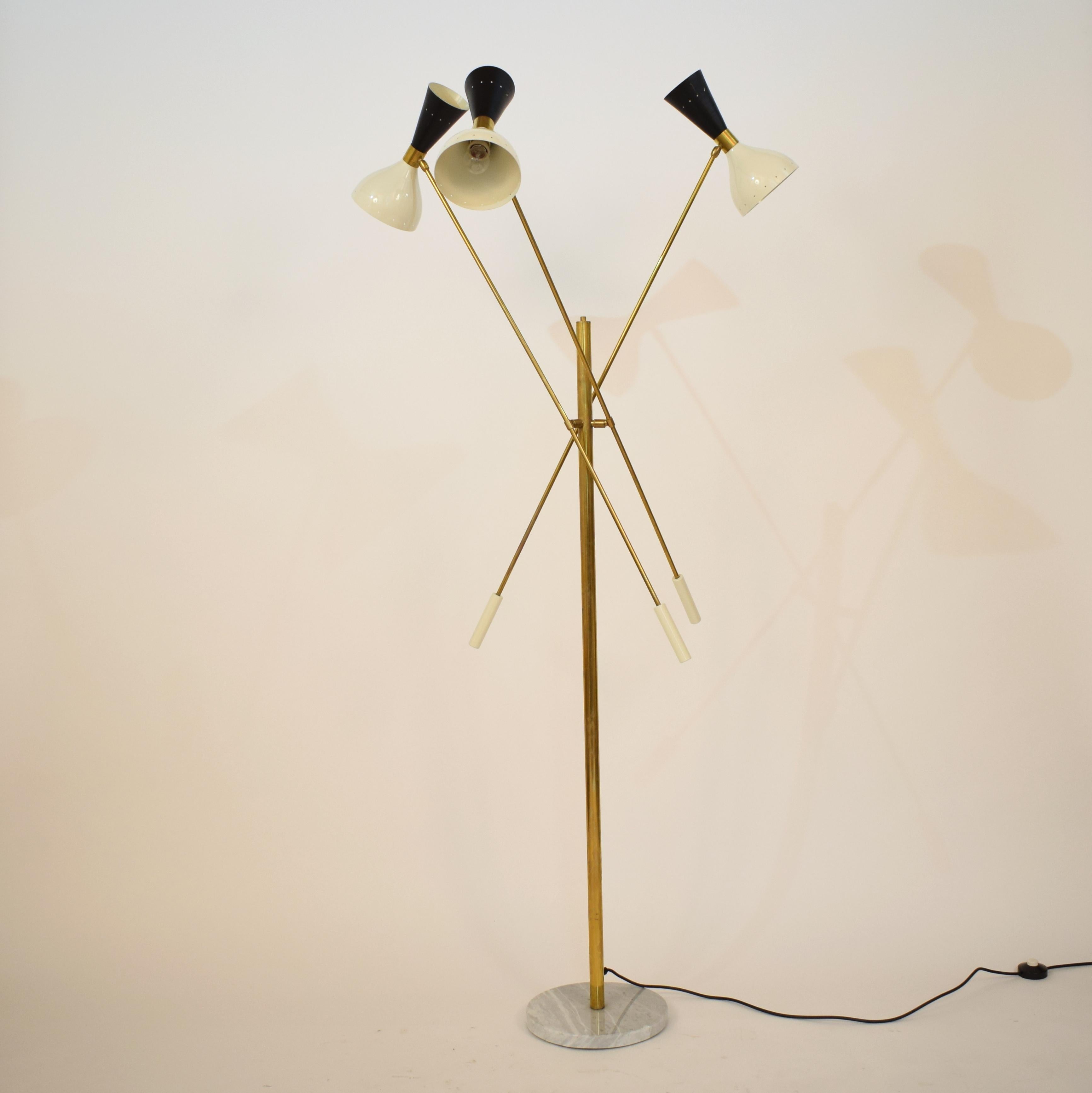 Adjustable Italian Three-Arm Brass & Marble Floor Lamp in the Style of Stilnovo In Good Condition In Berlin, DE