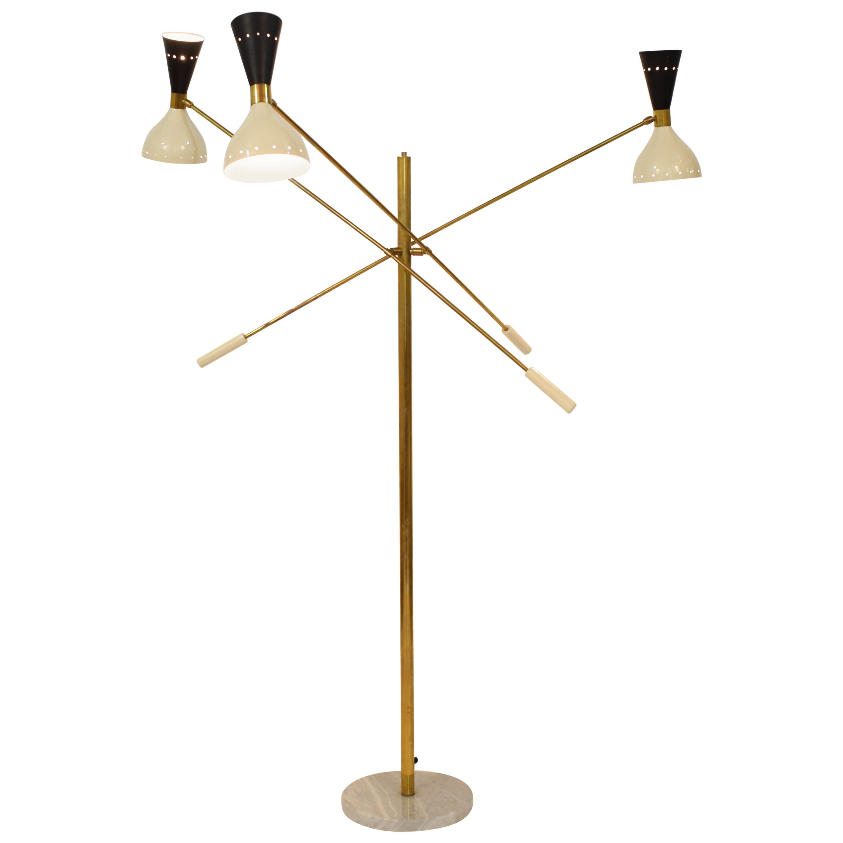 Adjustable Italian Three-Arm Brass & Marble Floor Lamp in the Style of Stilnovo