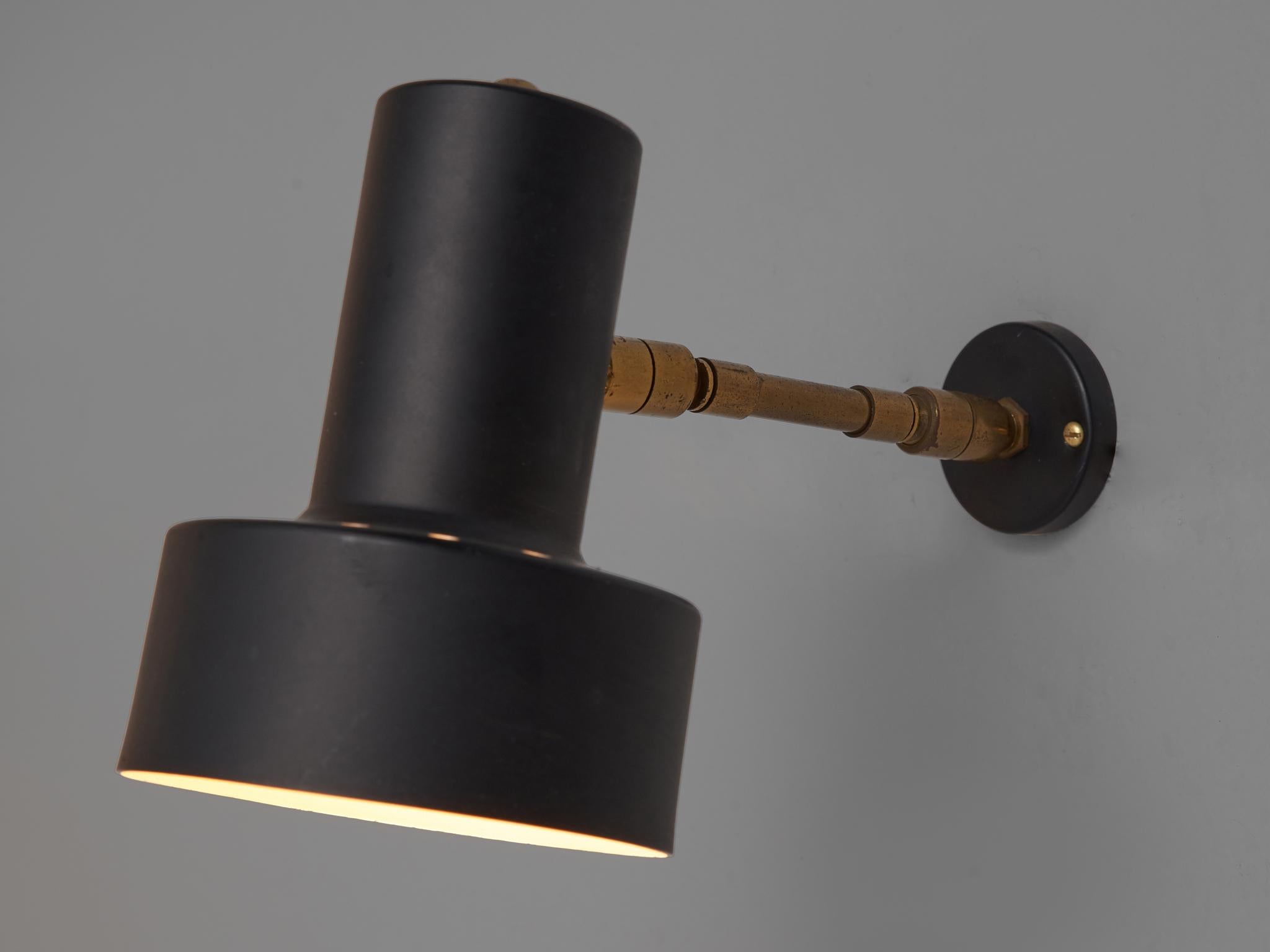 Mid-Century Modern Adjustable Italian Wall Light with Brass Fixture and Black Shade