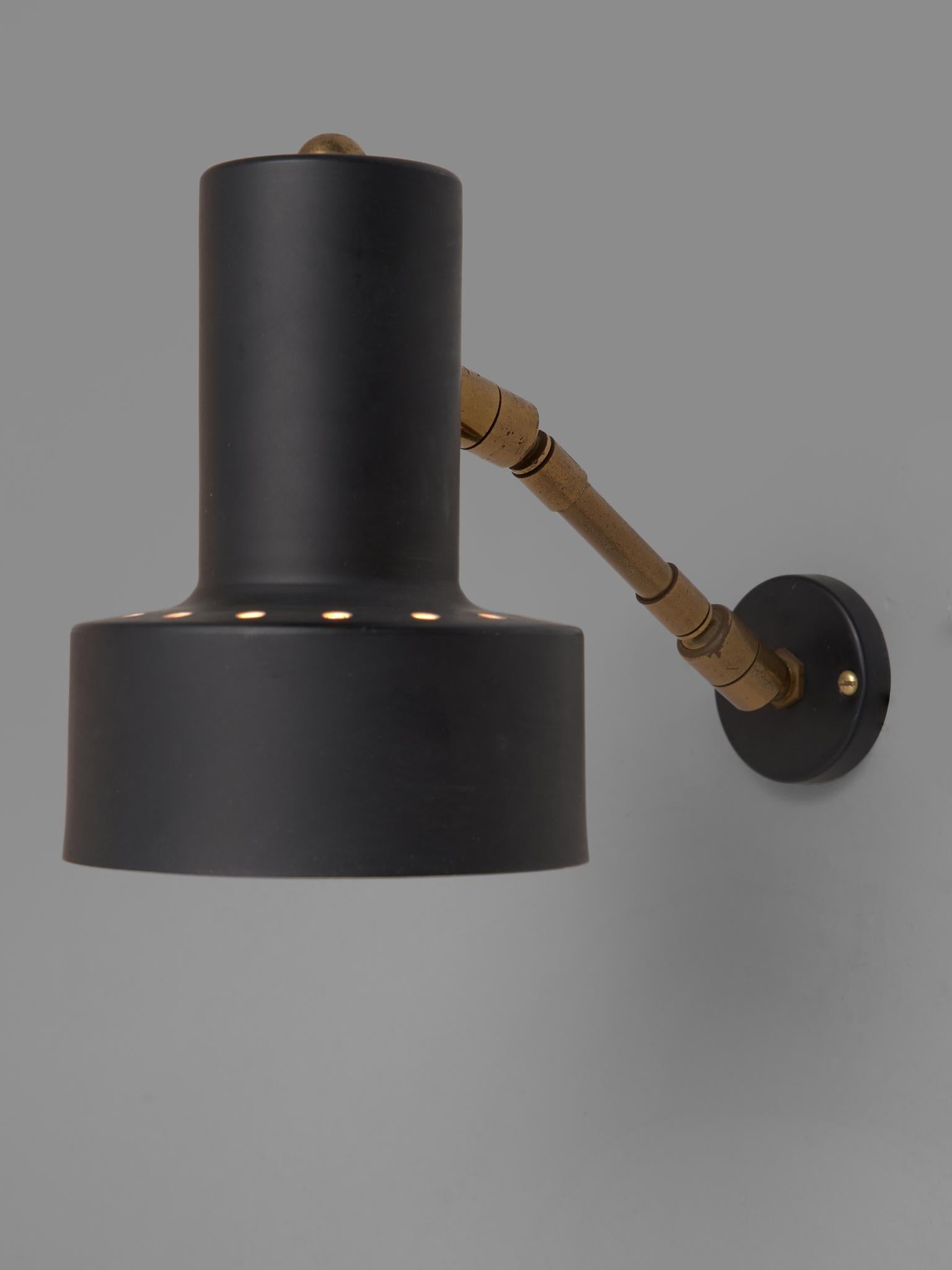 Adjustable Italian Wall Light with Brass Fixture and Black Shade In Good Condition In Waalwijk, NL