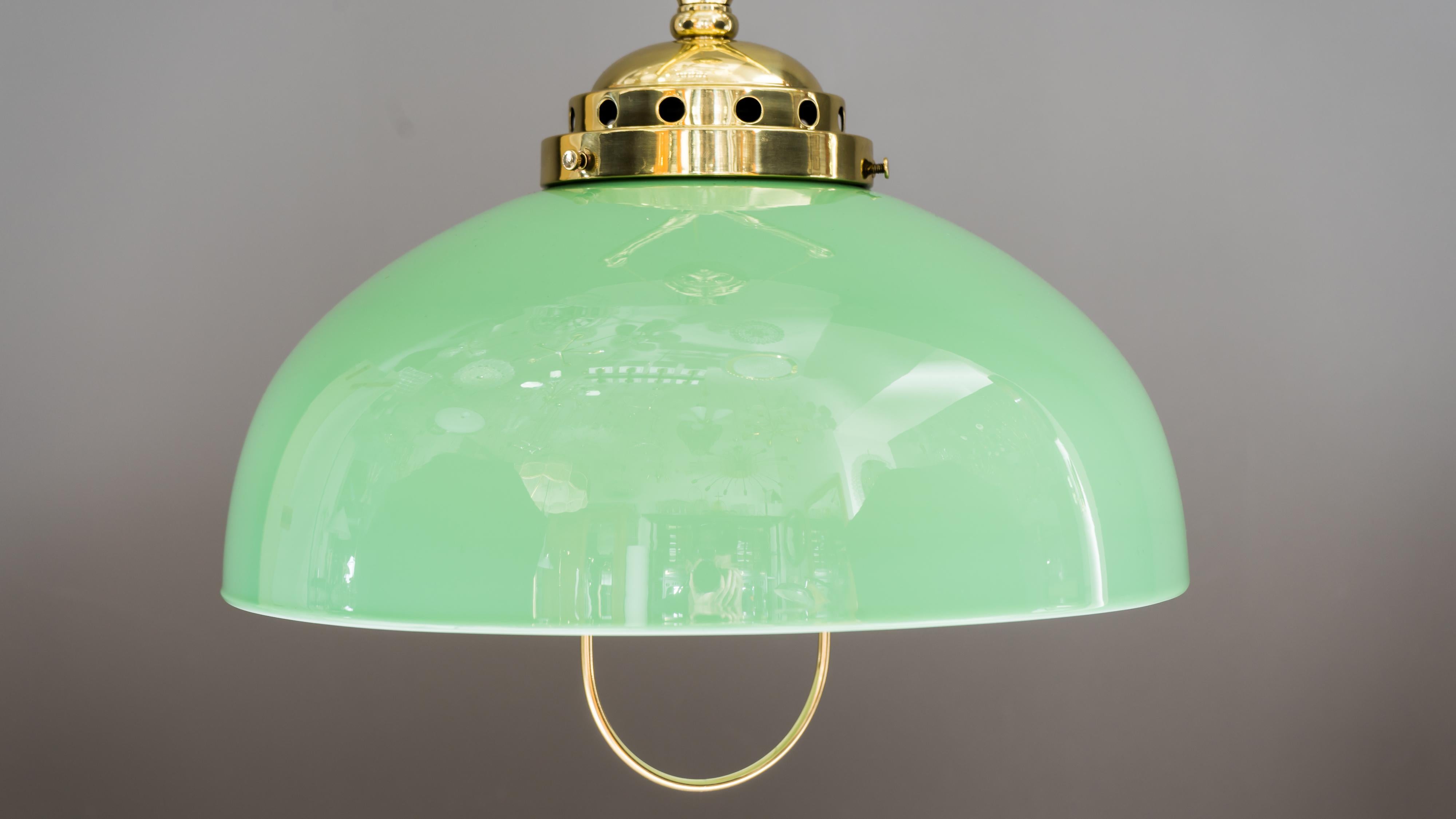 Brass Adjustable Jugendstil Chandelier with Green Opal Glass