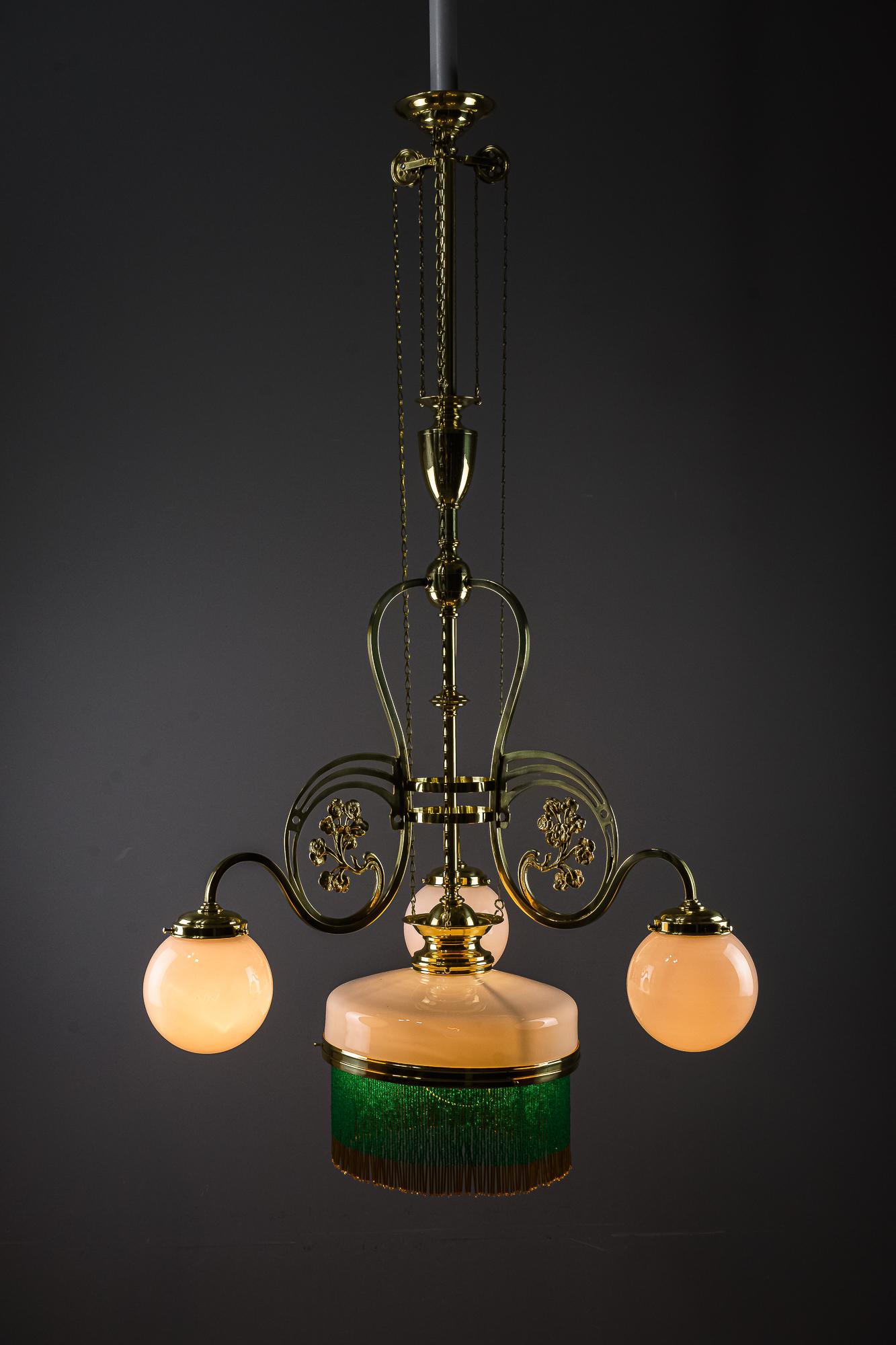 Adjustable Jugendstil Chandelier with Original Opal Glasses, Vienna, circa 1908 For Sale 8