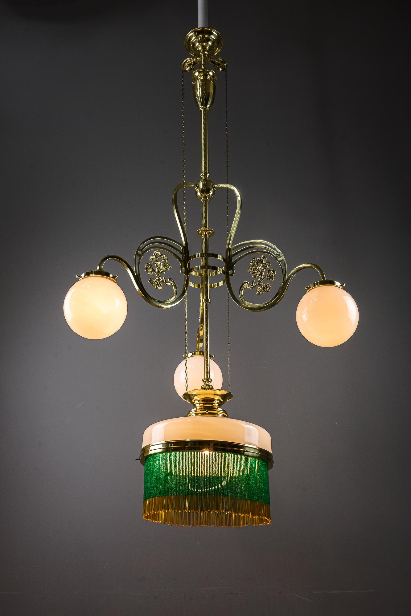 Adjustable Jugendstil Chandelier with Original Opal Glasses, Vienna, circa 1908 For Sale 11