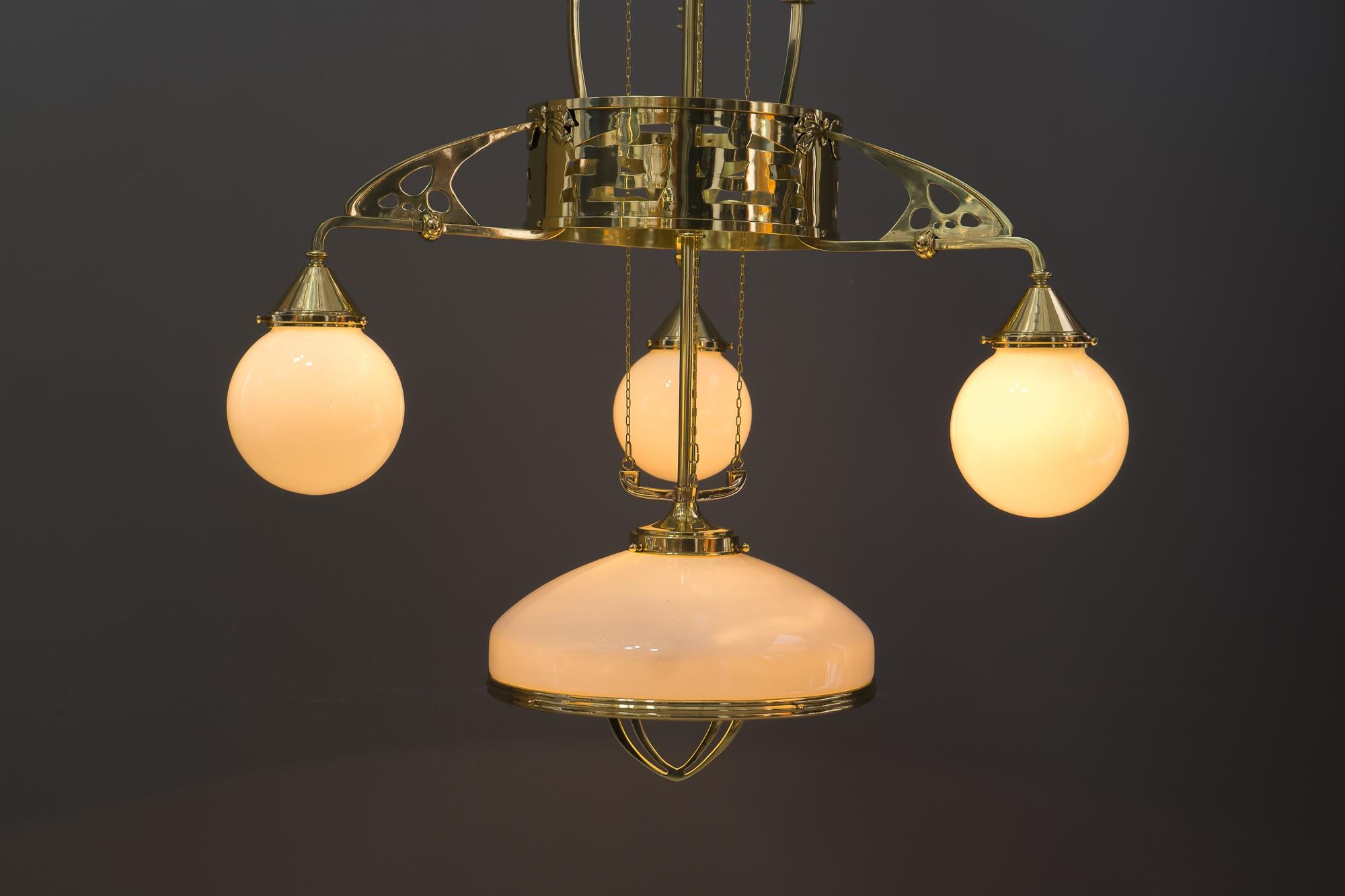 Adjustable Jugendstil Chandelier with Original Opal Glasses, Vienna, circa 1910s For Sale 10