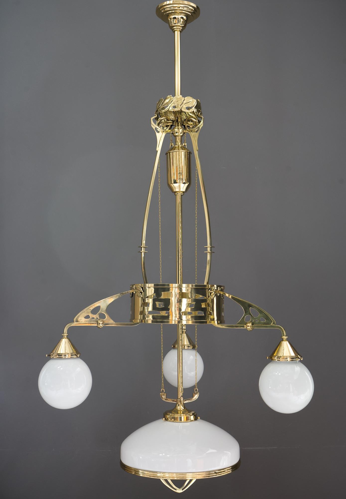 Austrian Adjustable Jugendstil Chandelier with Original Opal Glasses, Vienna, circa 1910s For Sale