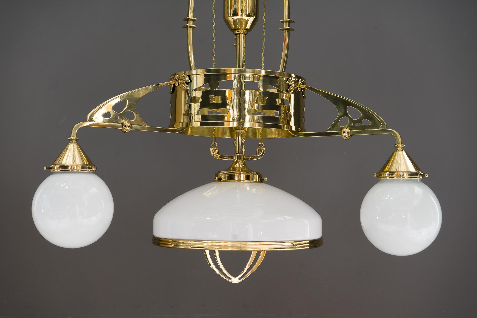 Adjustable Jugendstil Chandelier with Original Opal Glasses, Vienna, circa 1910s For Sale 1