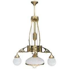 Antique Adjustable Jugendstil Chandelier with Original Opal Glasses, Vienna, circa 1910s