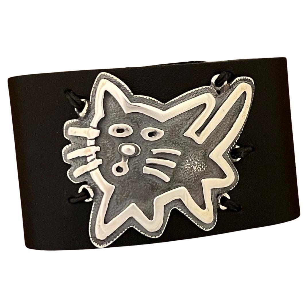Adjustable Kitty leather cuff by Melanie Yazzie, black leather, Sterling Silver