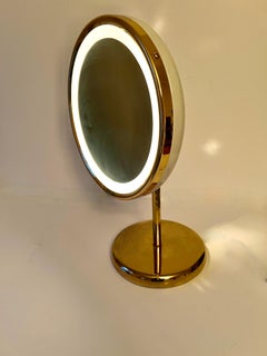 Adjustable Magnifying Ring Lit Table Mirror on Brass Stand with Brass Details