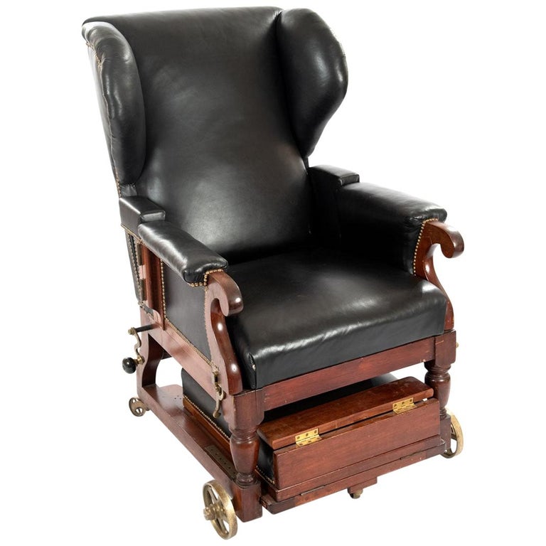 Adjustable Mahogany, Brass, and Leather Bergere Invalid’s Wheel Chair