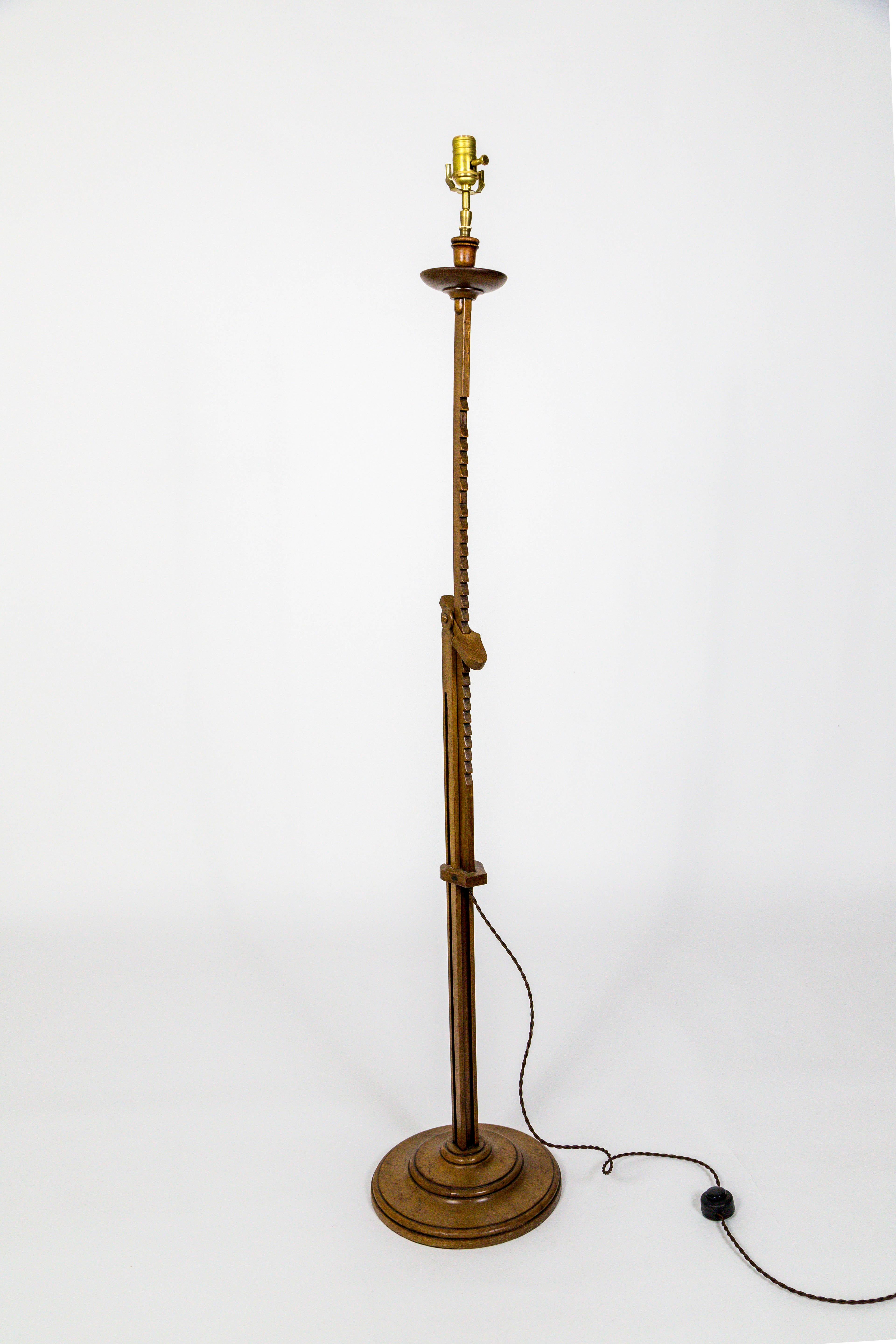 Arts and Crafts Adjustable Mahogany Ratchet Floor Lamp by Frances Elkins