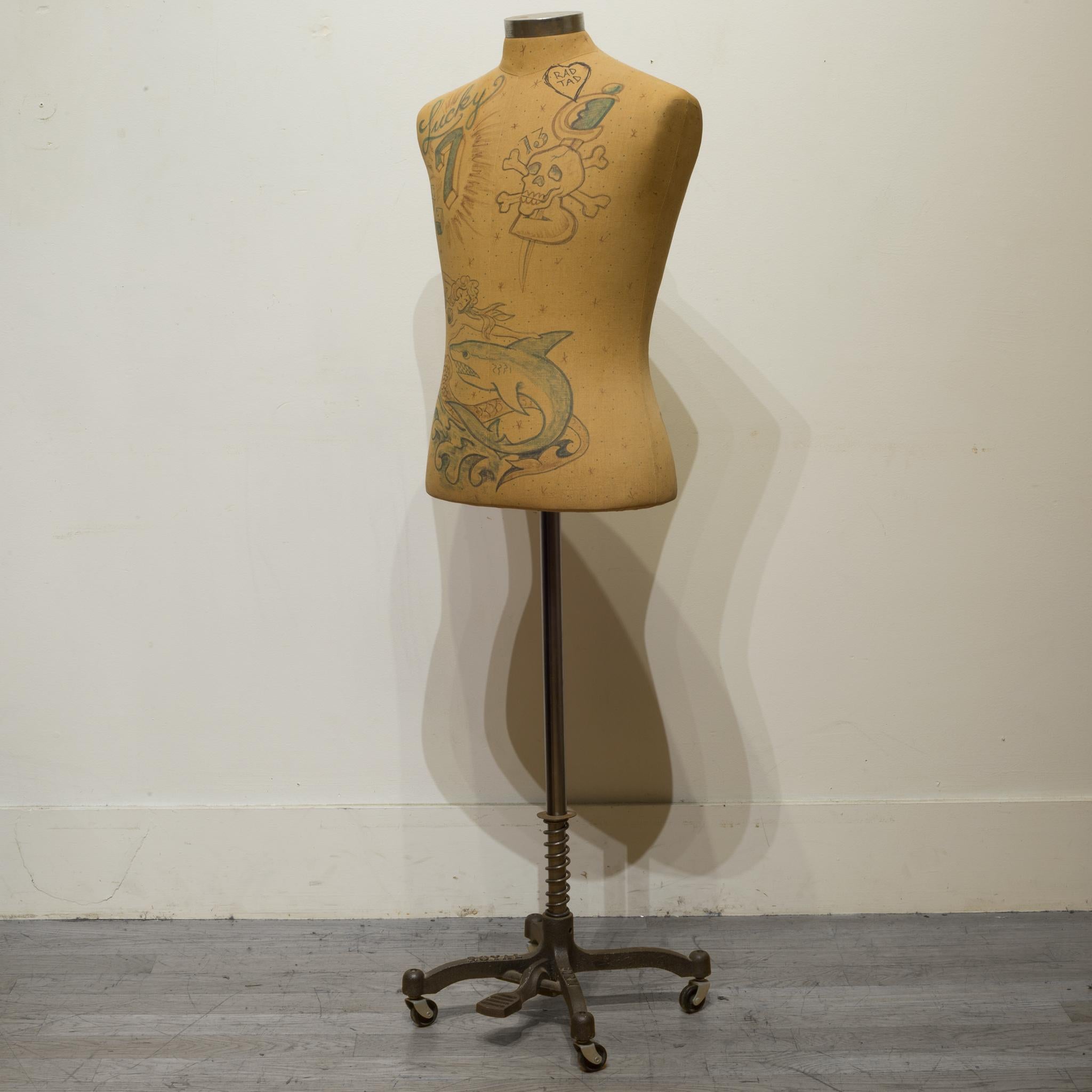 About

A fabric male mannequin on an adjustable pedestal with an antique style base and custom hand drawn tattoos. Female also available.
Estimated retail $900.

Creator royal form.
Date of manufacture unknown.
Materials and techniques