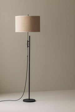 Adjustable metal floor lamp with original cylindrical fabric shade, France 1970s