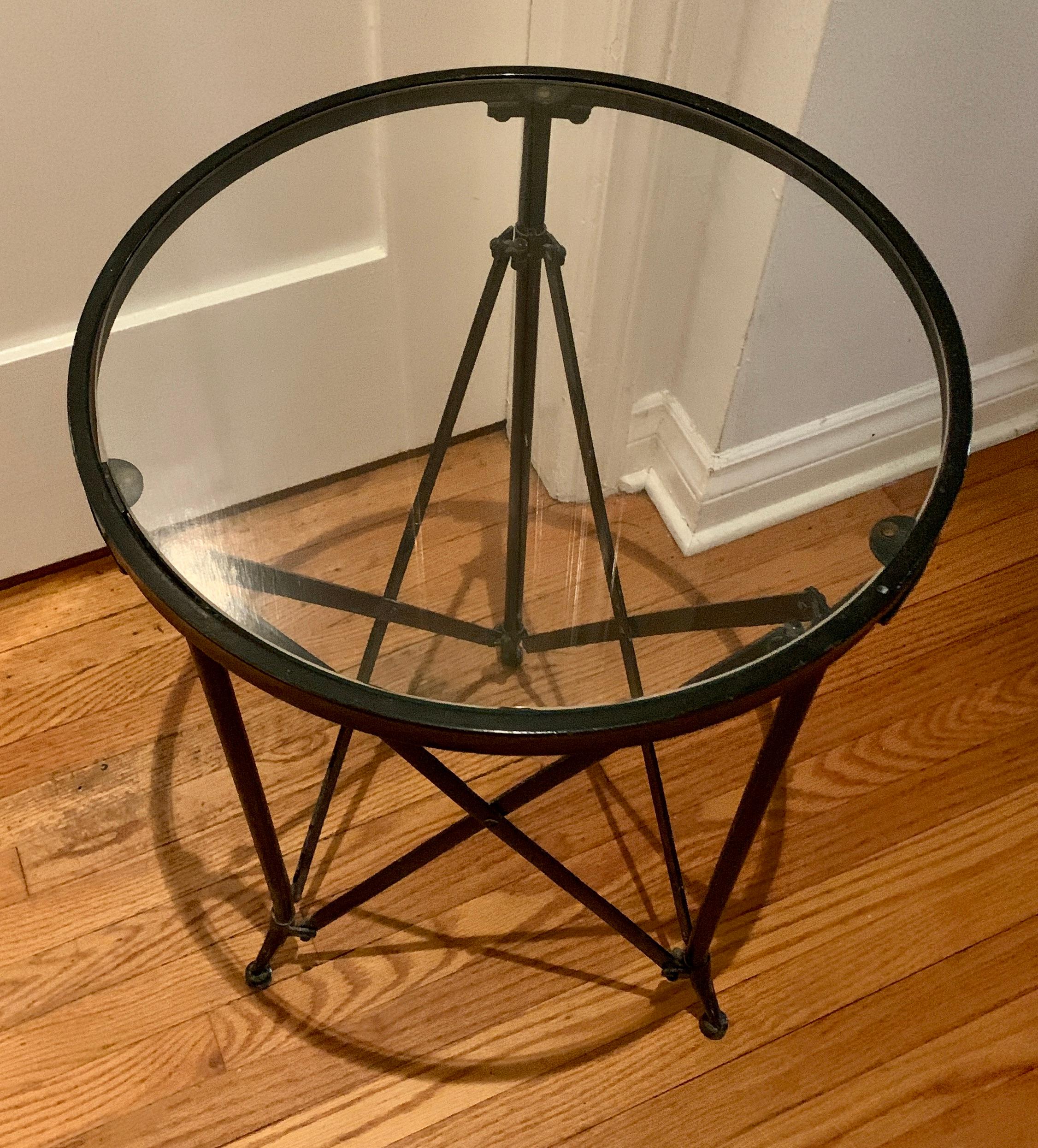 Mid-Century Modern Black Metal Gueridon table with Glass Top  For Sale