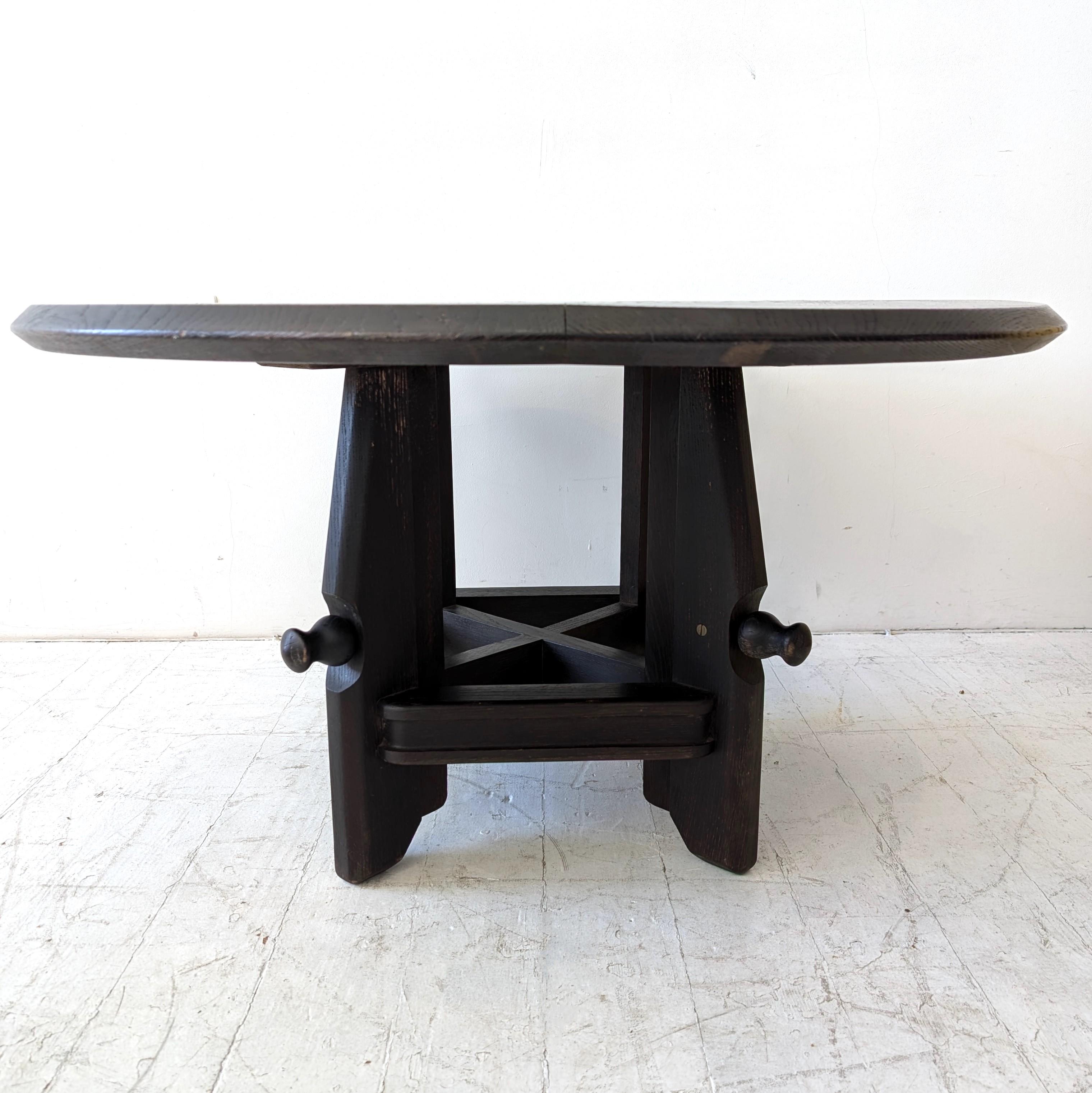 Adjustable coffee/dining table by Guillerme & Chambron for Votre Maison, France 1960s. Dark oak with abstract-patterned ceramic tile inset top. Some stable cracks to the tile top- see detail photos (priced accordingly)

To adjust the height you