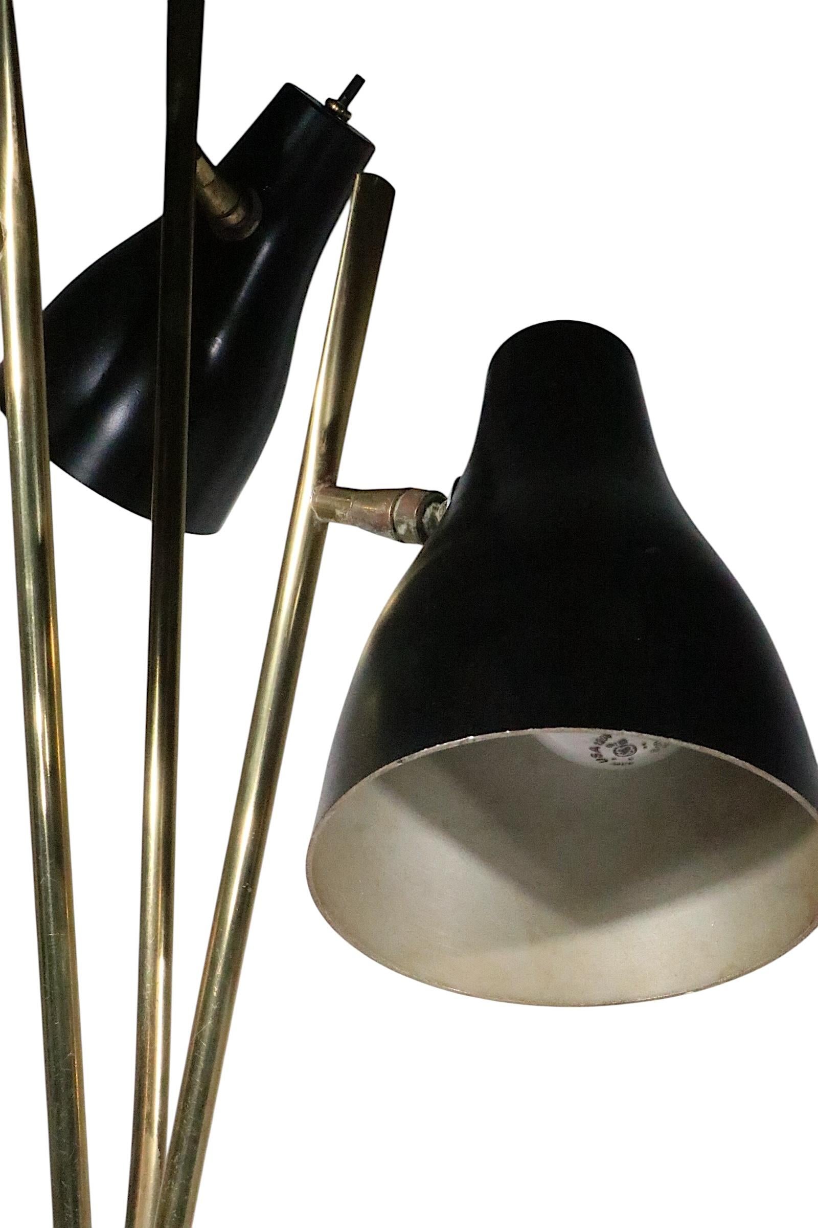 American Adjustable Mid Century Three Light Floor Lamp after Thurston for Lightolier For Sale
