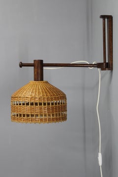Adjustable Mid-Century Wooden Wall Lamp with Rattan Shade, 1970s