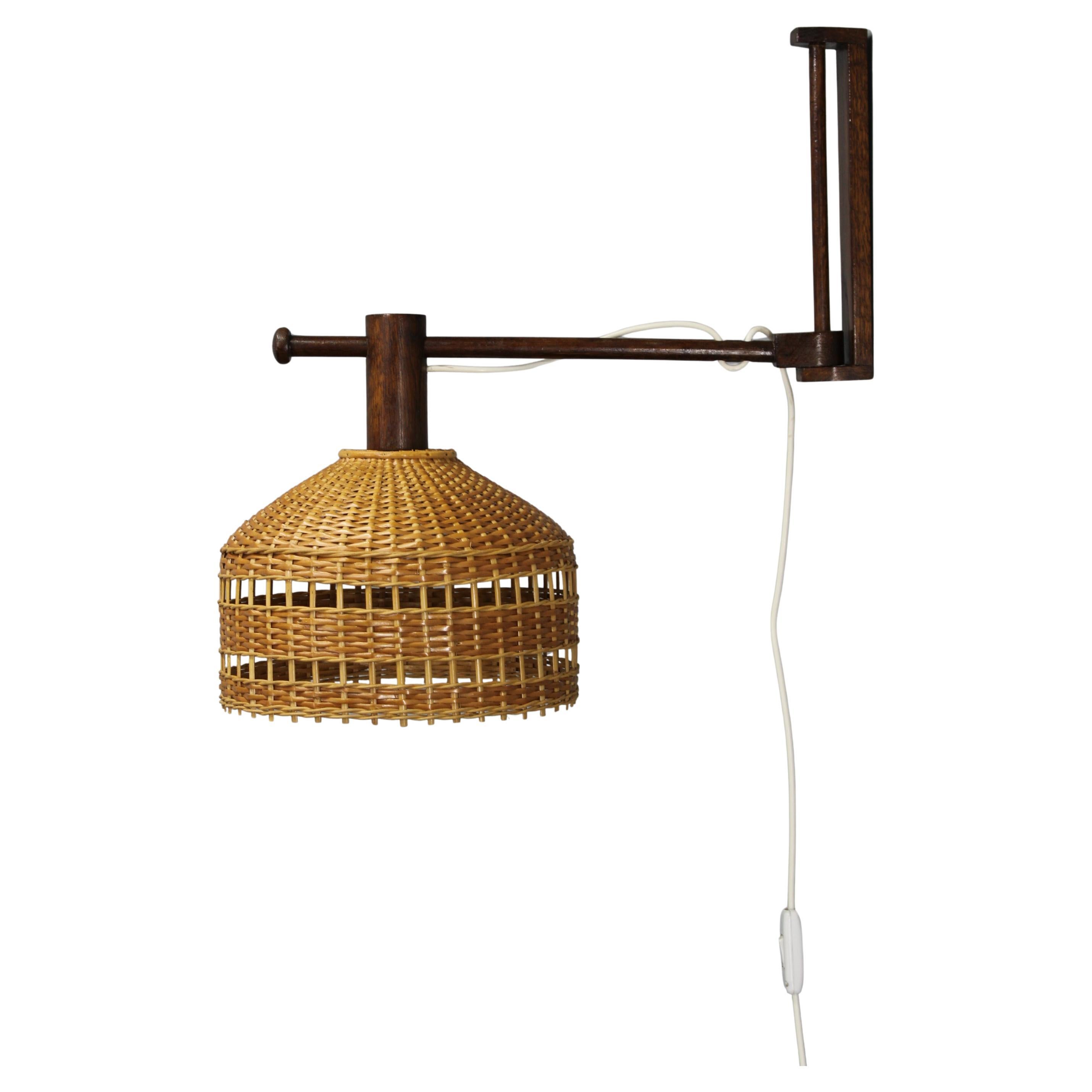 Adjustable Mid-Century Wooden Wall Lamp with Rattan Shade, 1970s