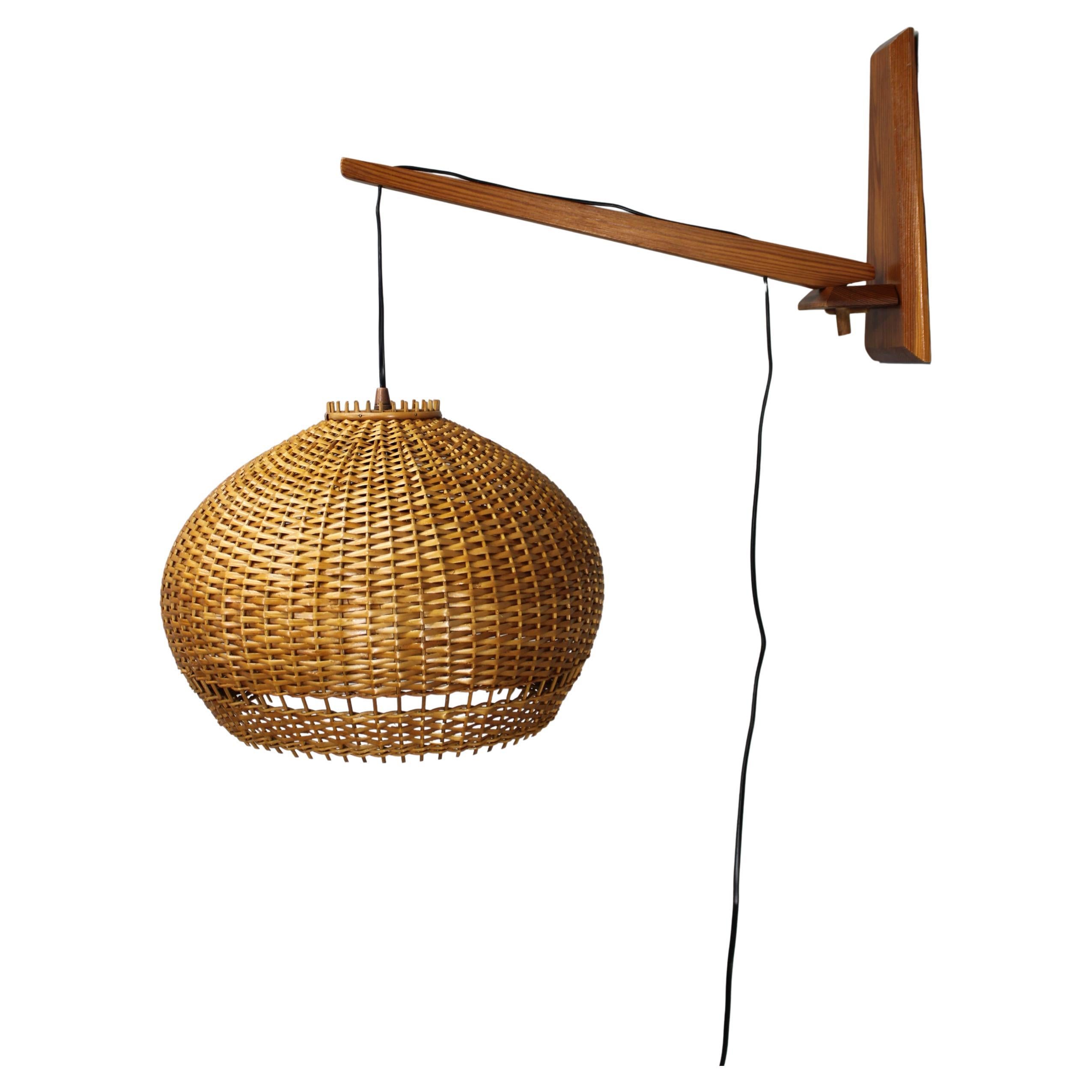 Adjustable Mid-Century Wooden Wall Lamp with Rattan Shade, 1970s