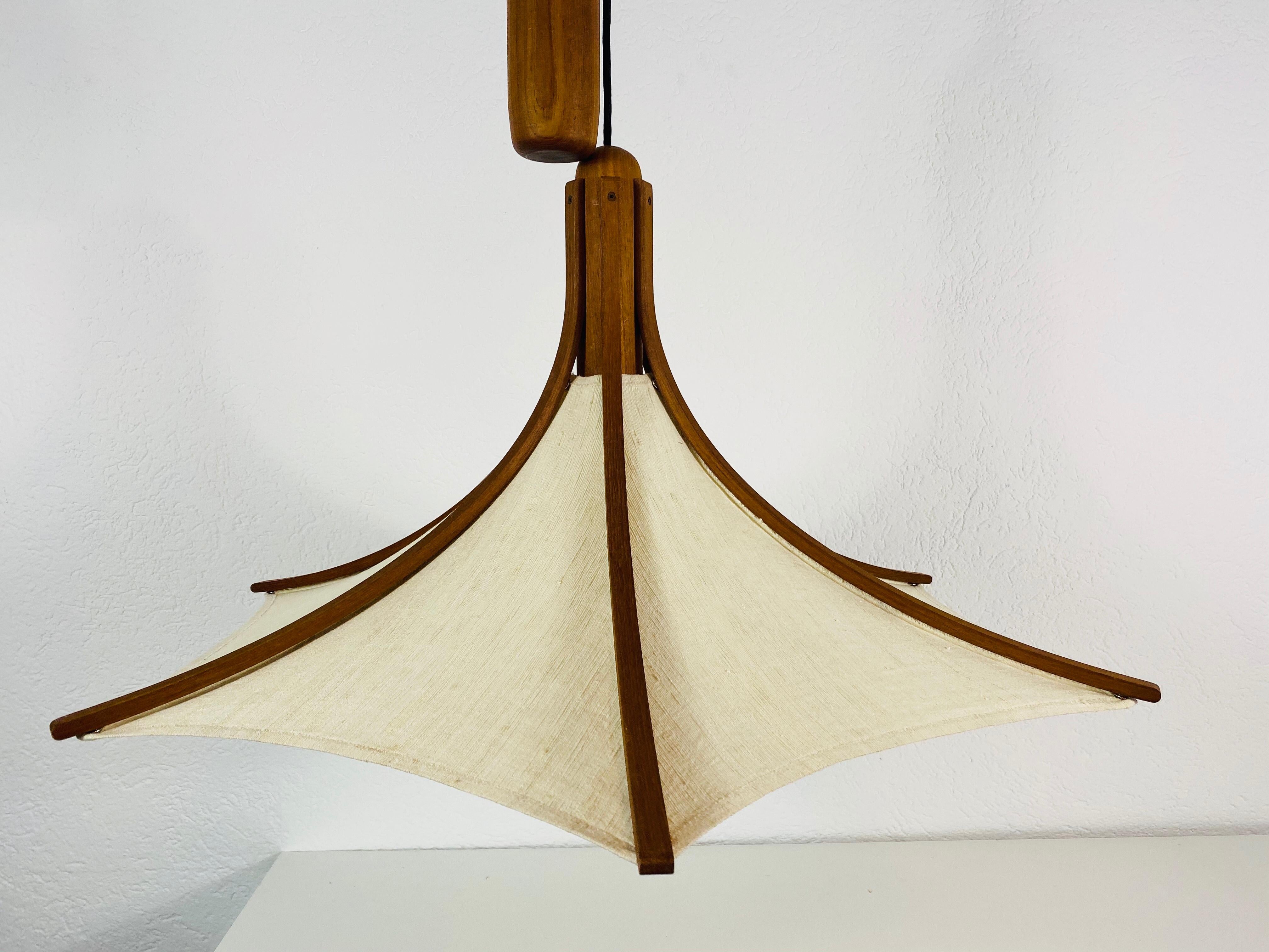 Textile Adjustable Midcentury Wooden Pendant Lamp with Counterweight by Domus, 1960s
