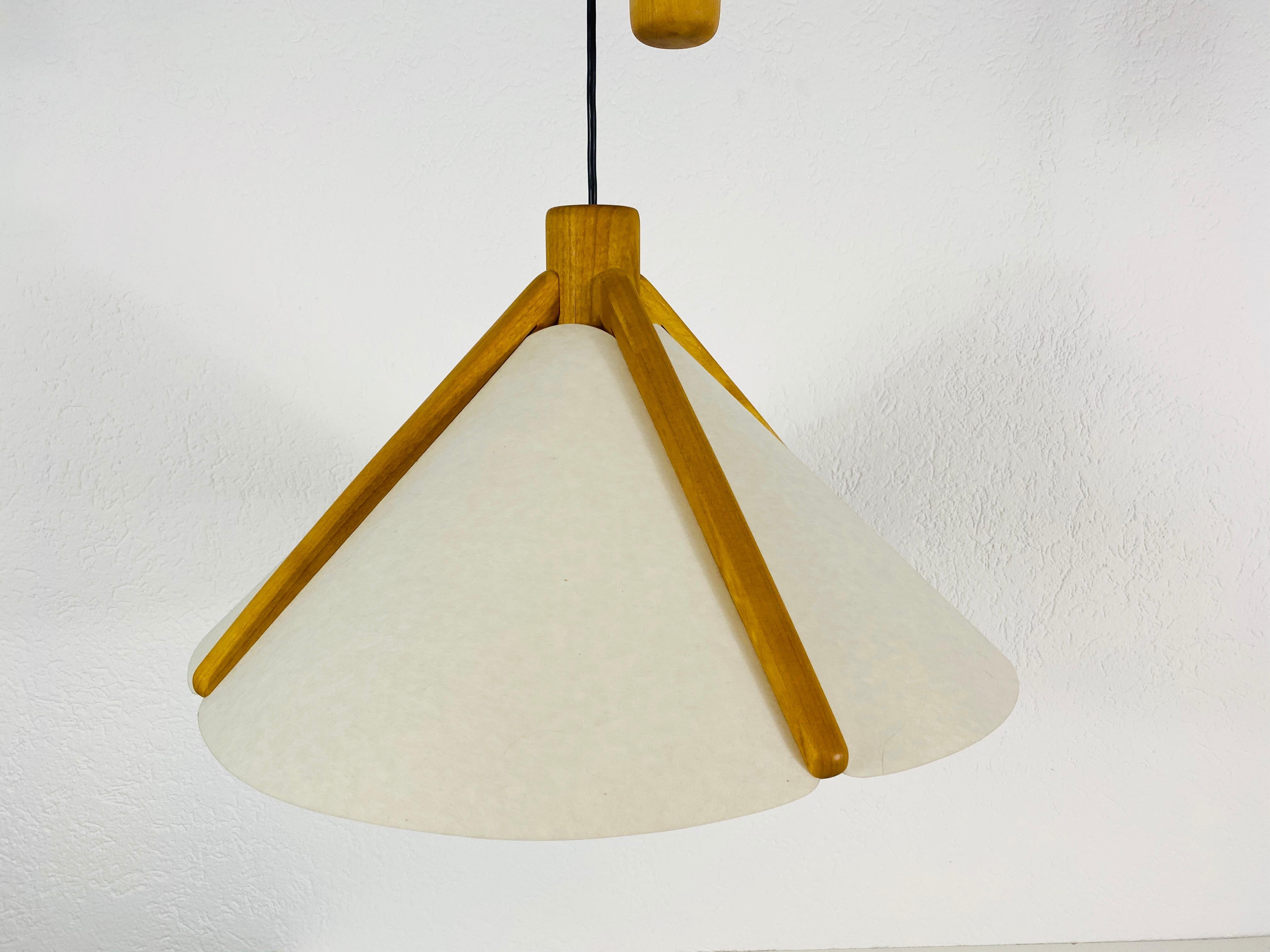Textile Adjustable Midcentury Wooden Pendant Lamp with Counterweight by Domus, 1960s