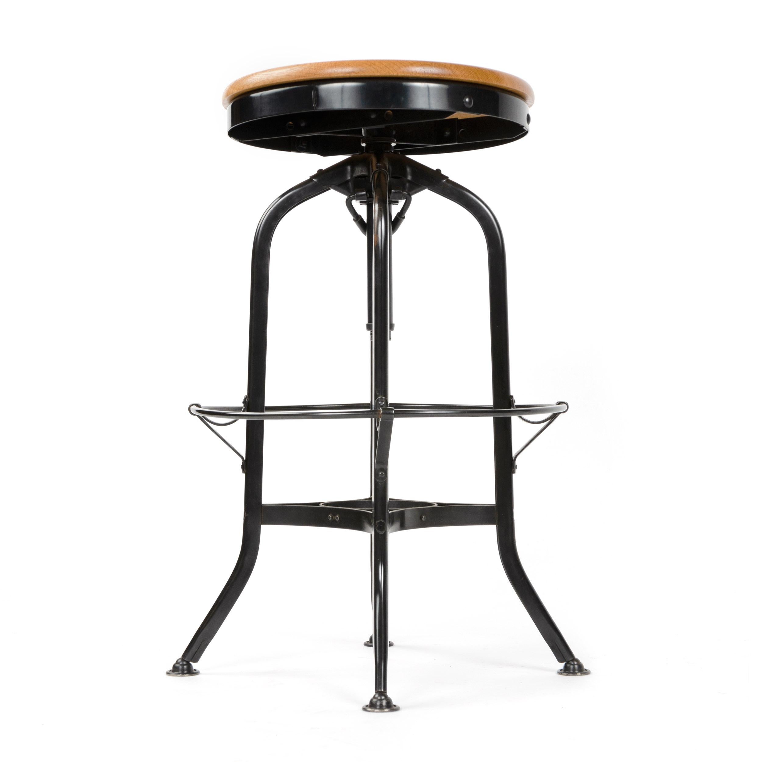 Industrial Adjustable Oak and Steel Stool by Toledo For Sale
