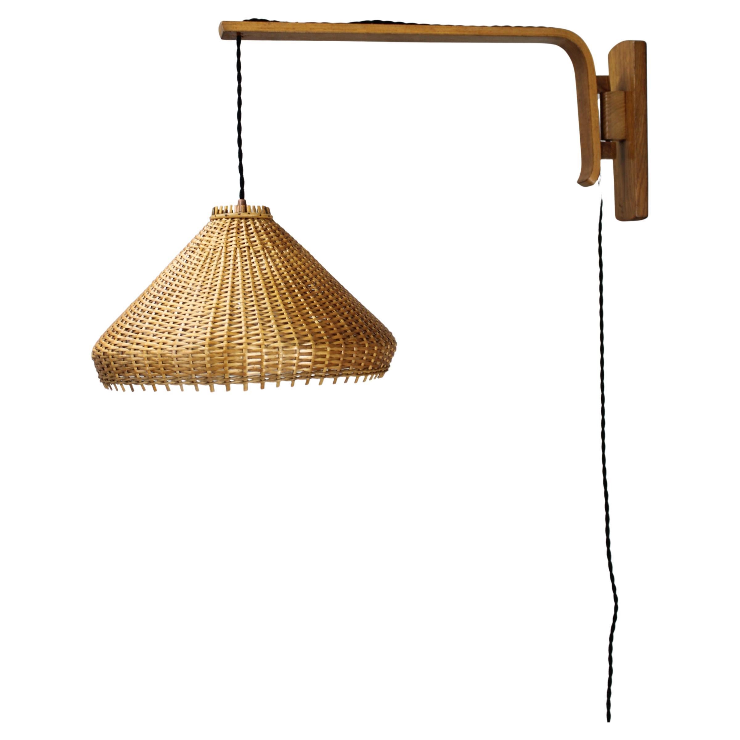 Adjustable Oak and Wicker Wall Lamp, Czechoslovakia, 1970s For Sale