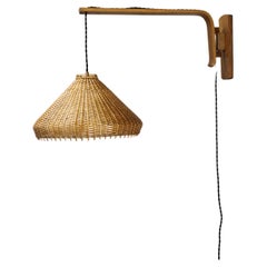 Adjustable Oak and Wicker Wall Lamp, Czechoslovakia, 1970s